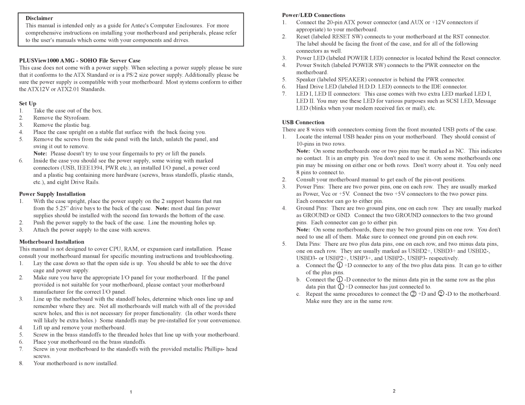 Antec Disclaimer PLUSView1000 AMG Soho File Server Case, Set Up, Power Supply Installation, Motherboard Installation 