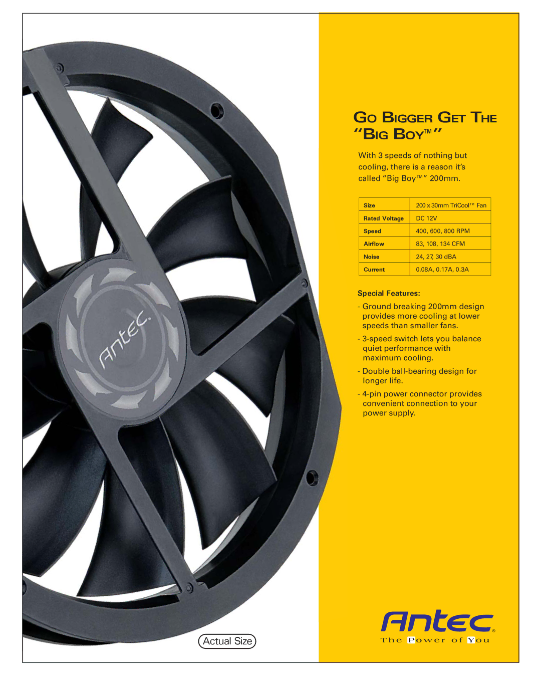 Antec 200mm TriCool Fan manual Big Boy, Special Features, Size Rated Voltage Speed Airflow Noise Current 