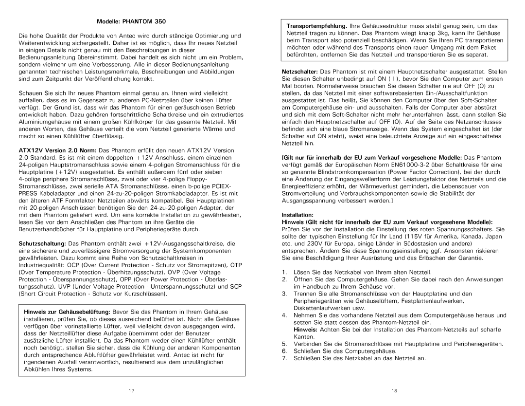 Antec 350 user manual Modelle Phantom 