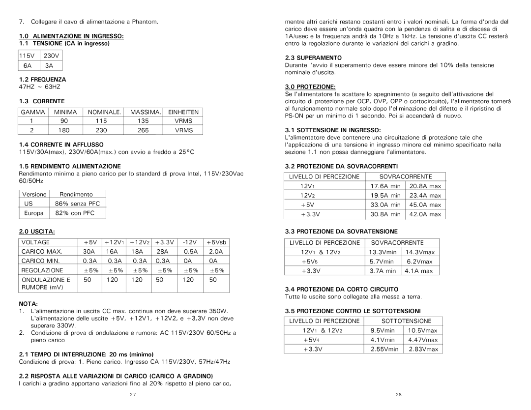 Antec 350 Alimentazione in Ingresso, Frequenza, Corrente in Afflusso, Rendimento Alimentazione, Uscita, Nota 