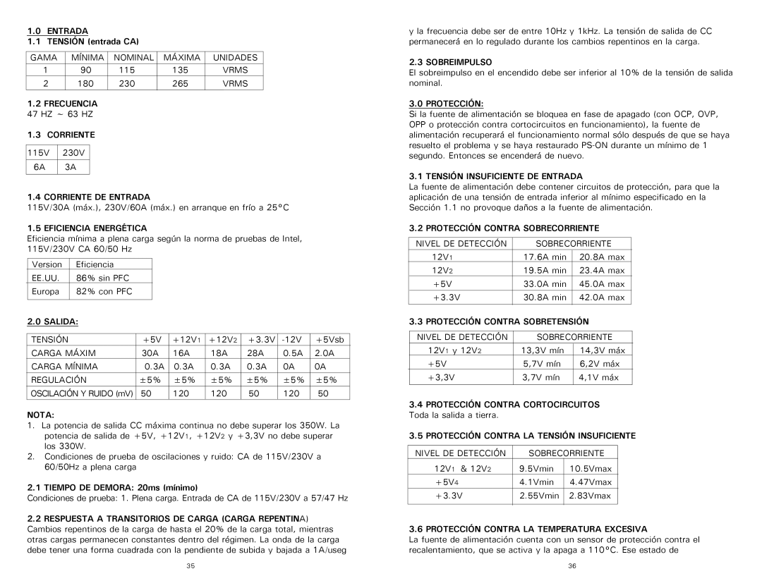 Antec 350 user manual Frecuencia, Corriente DE Entrada, Eficiencia Energética, Salida, Sobreimpulso, Protección 