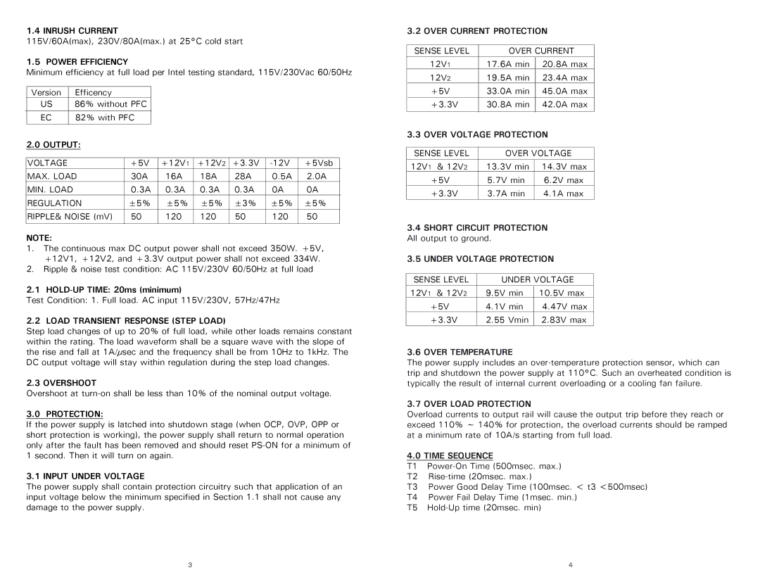 Antec 350 user manual Inrush Current, Power Efficiency, Output, Load Transient Response Step Load, Overshoot, Protection 