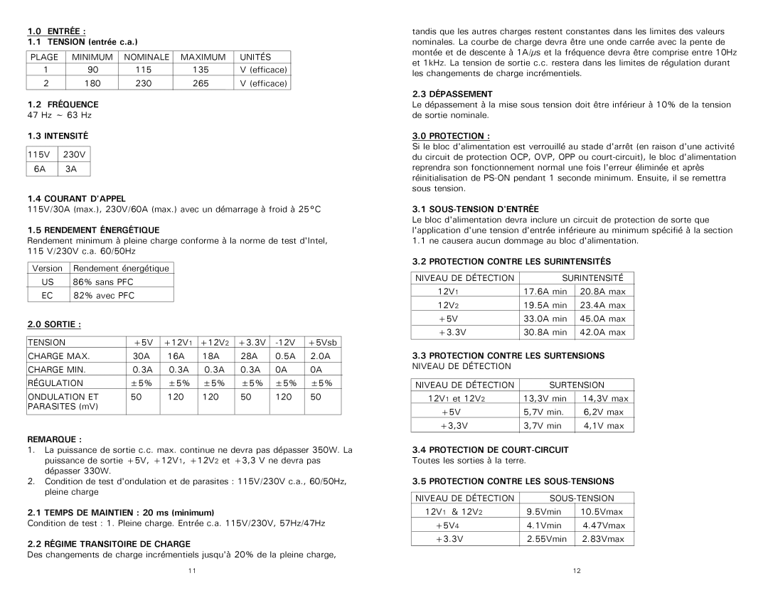 Antec 350 Entrée, Fréquence, Intensité, Courant Dappel, Rendement Énergétique, Remarque, Régime Transitoire DE Charge 