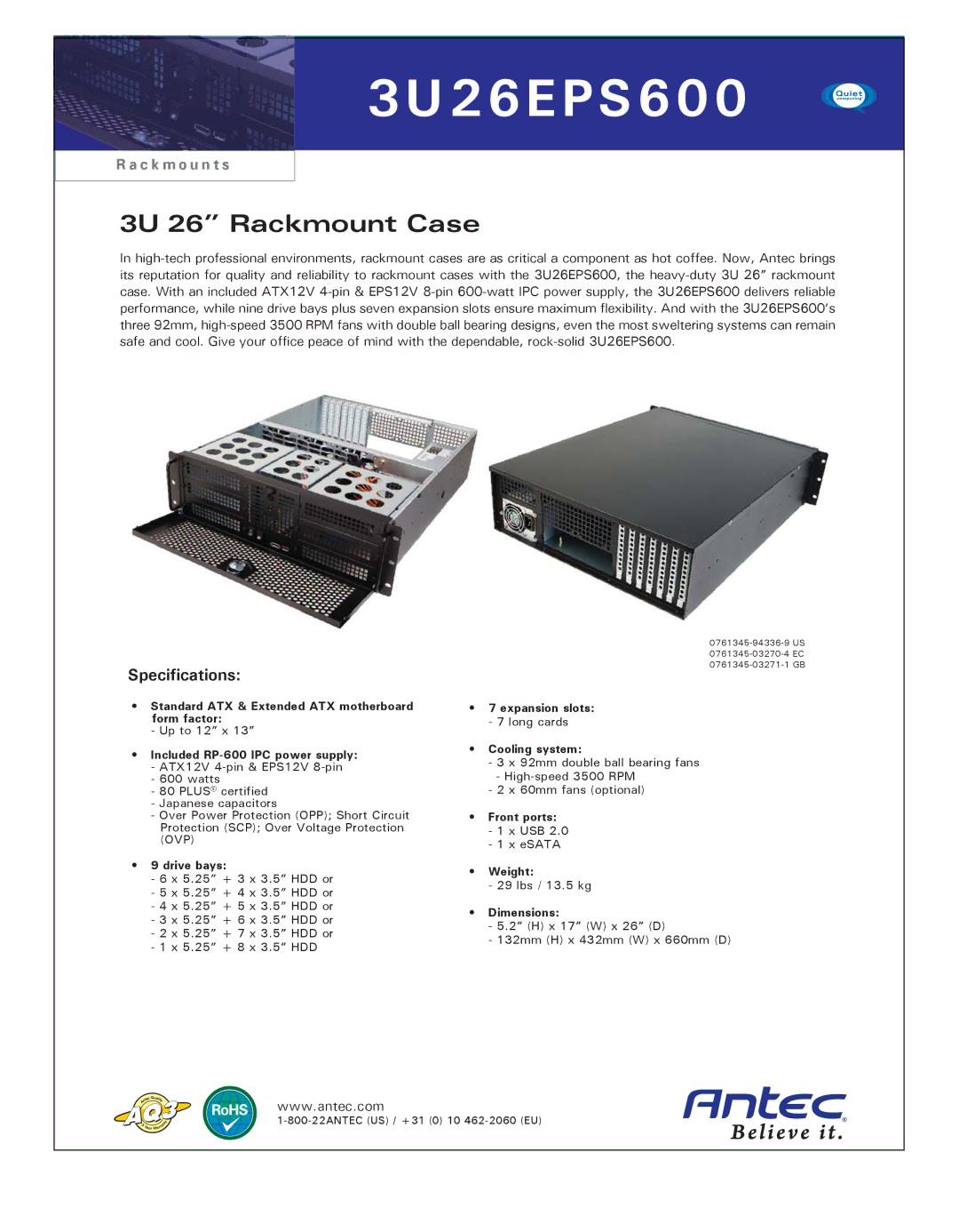 Antec 3U26EPS600, 0761345-03271-1, 0761345-03270-4, 0761345-94336-9 specifications 3U 26 Rackmount Case, Specifications 