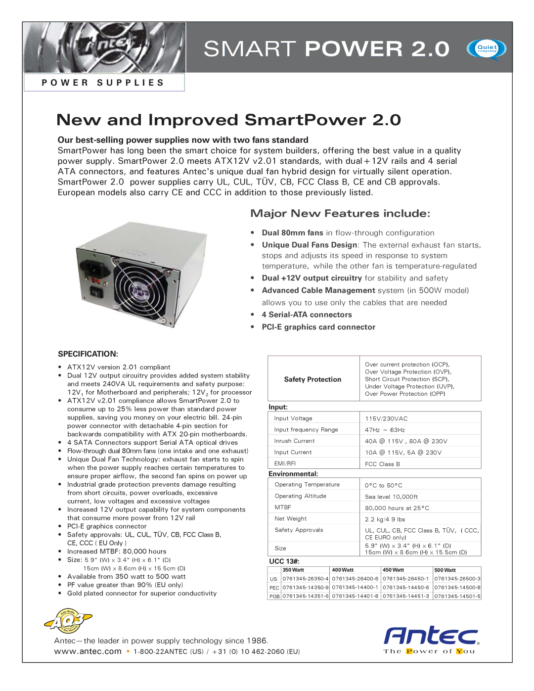 Antec 4 Serial-ATA manual Smart Power, New and Improved SmartPower, Major New Features include, Specification 