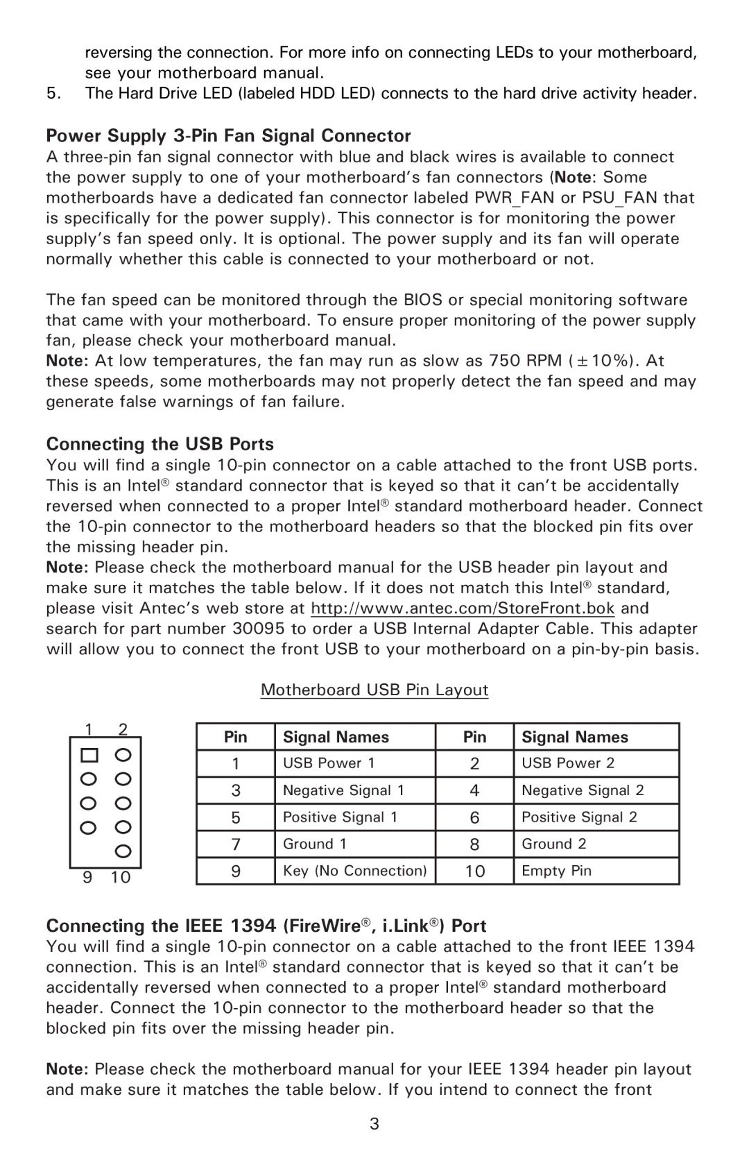 Antec 430 user manual Power Supply 3-Pin Fan Signal Connector, Connecting the USB Ports 