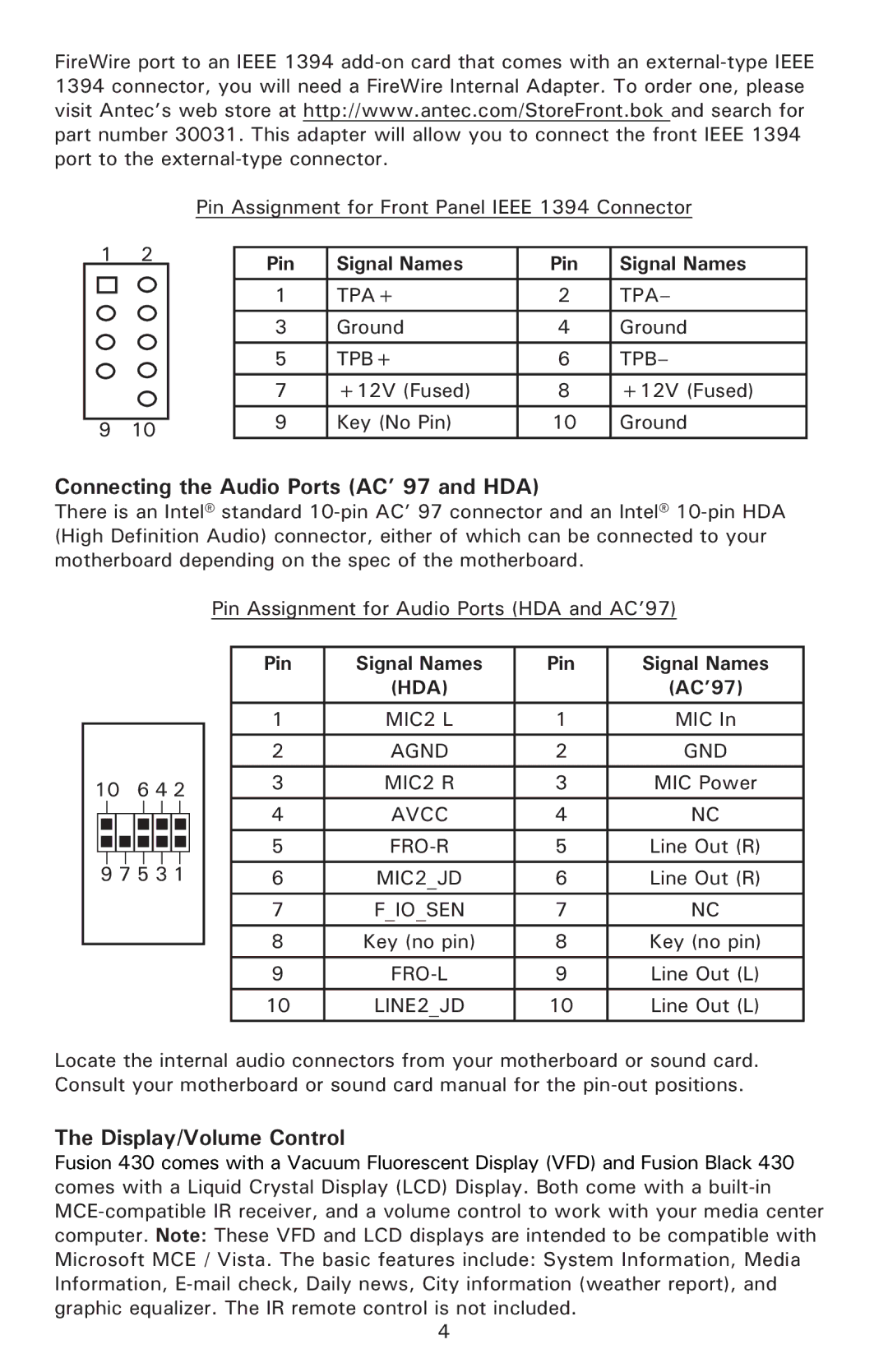 Antec 430 user manual Connecting the Audio Ports AC’ 97 and HDA, Display/Volume Control 