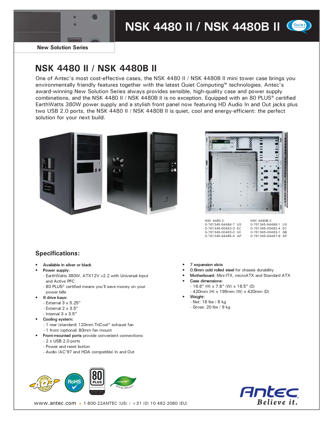 Antec 4480B II specifications NSK 4480 II / NSK 4480B, Specifications 