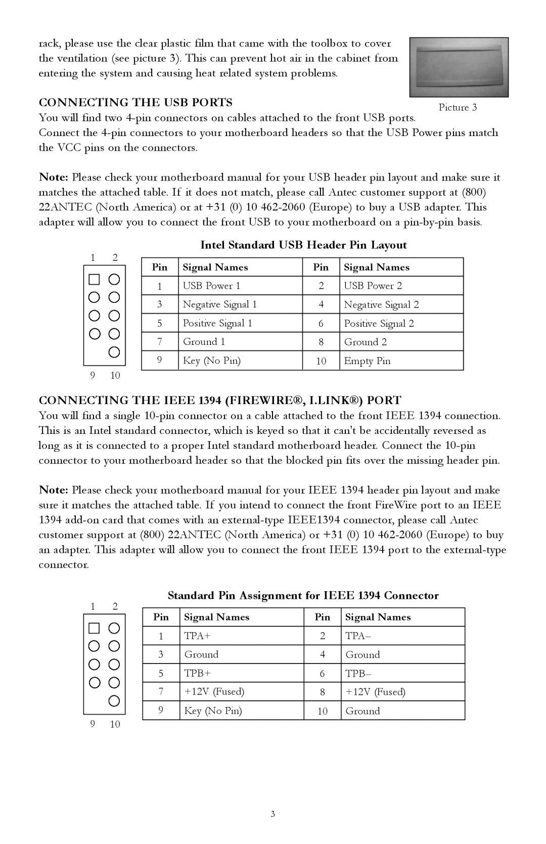 Antec 4U Connecting the USB Ports, Intel Standard USB Header Pin Layout, Connecting the Ieee 1394 FIREWIRE, I.LINK Port 