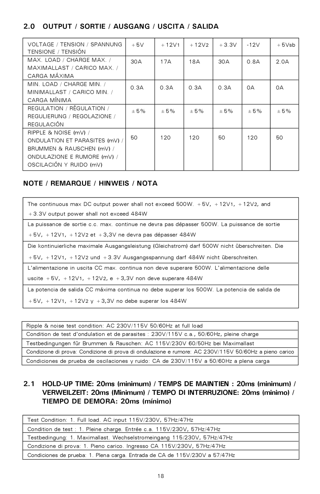 Antec 500 user manual Output / Sortie / Ausgang / Uscita / Salida 