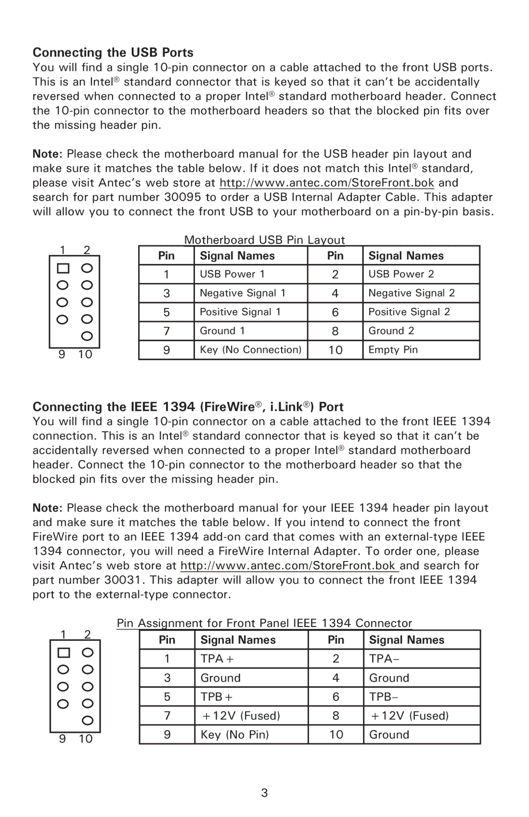 Antec 550 user manual Connecting the USB Ports, Connecting the Ieee 1394 FireWire, i.Link Port, Signal Names Pin 