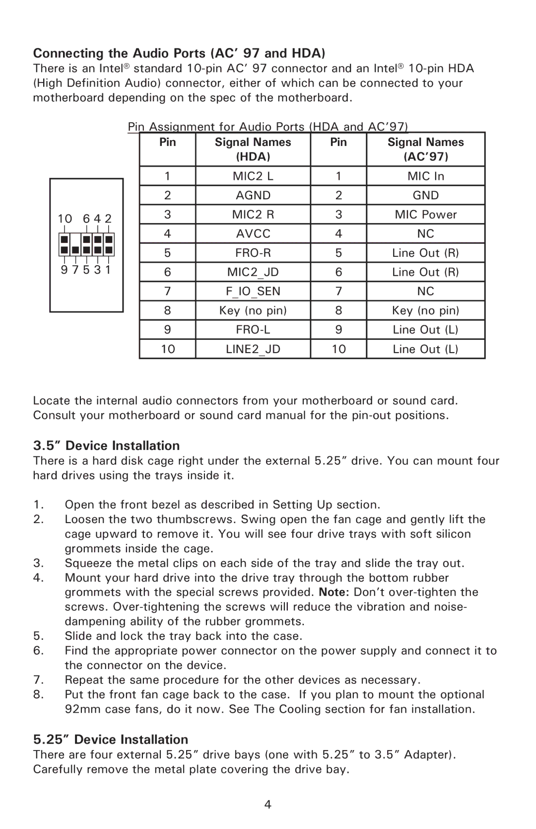 Antec 550 user manual Connecting the Audio Ports AC’ 97 and HDA, Device Installation, Pin Signal Names, AC’97 