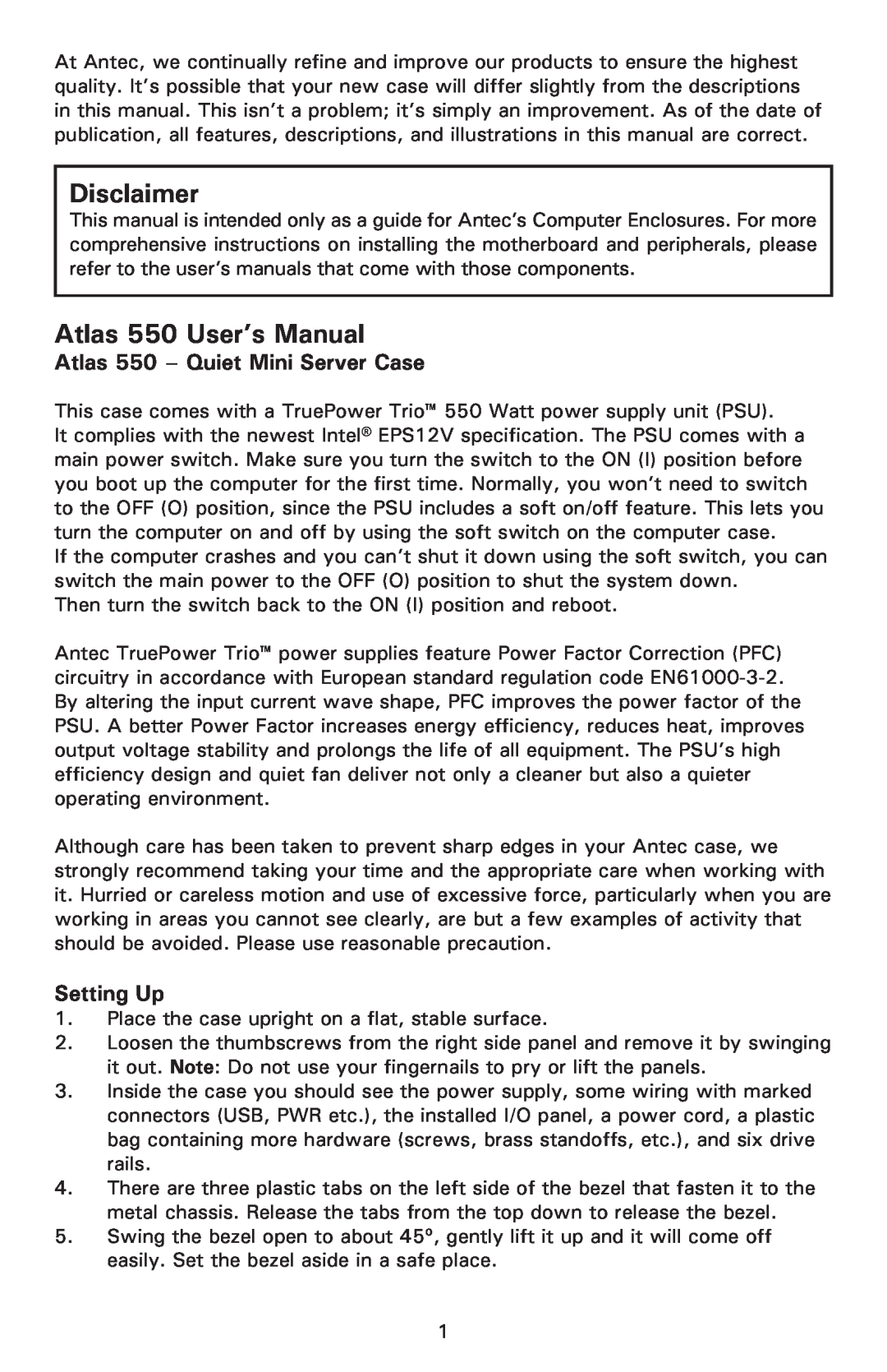 Antec user manual Disclaimer, Atlas 550 User’s Manual, Atlas 550 - Quiet Mini Server Case, Setting Up 