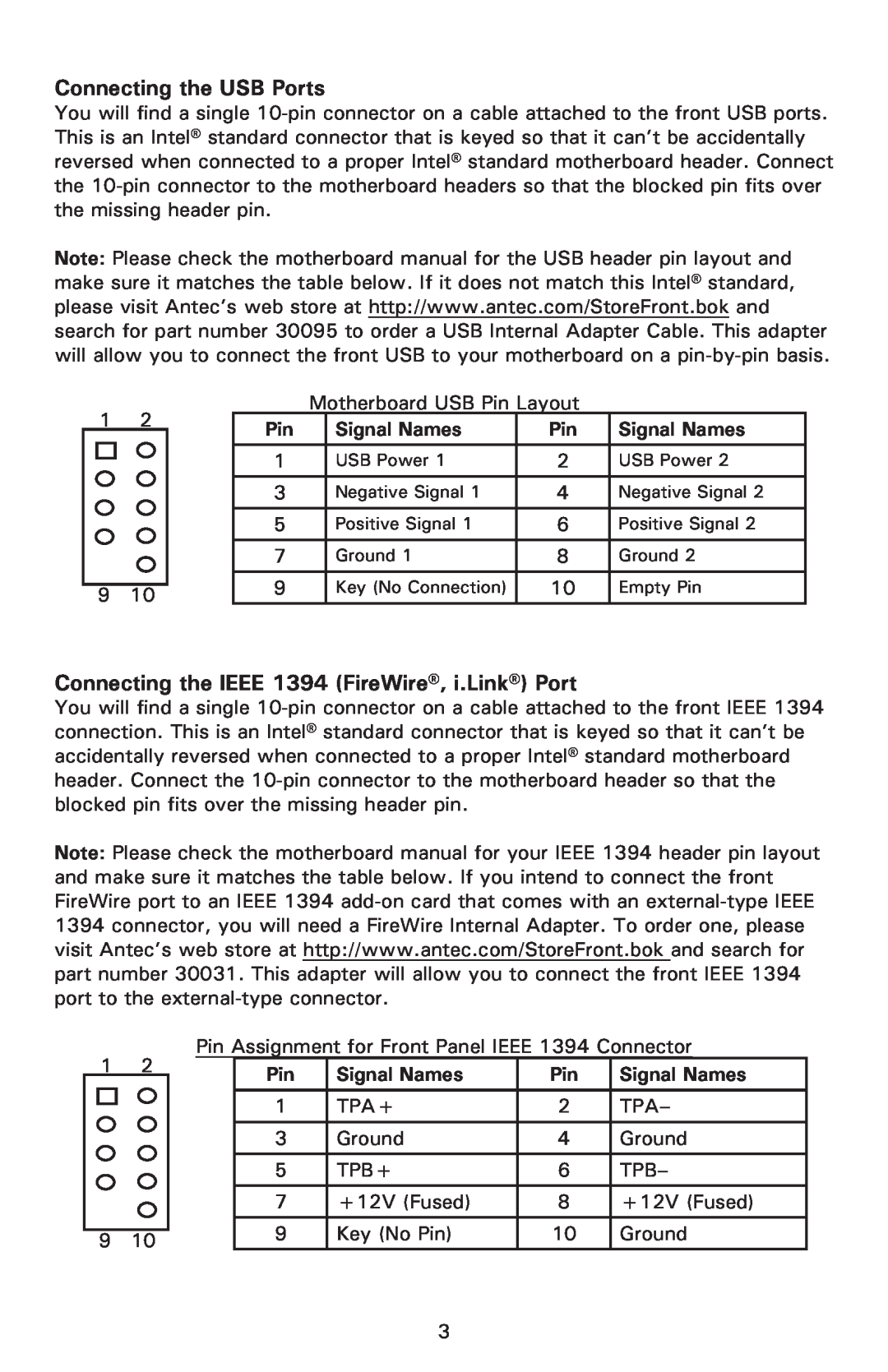 Antec 550 user manual Connecting the USB Ports, Connecting the IEEE 1394 FireWire, i.Link Port, Signal Names 
