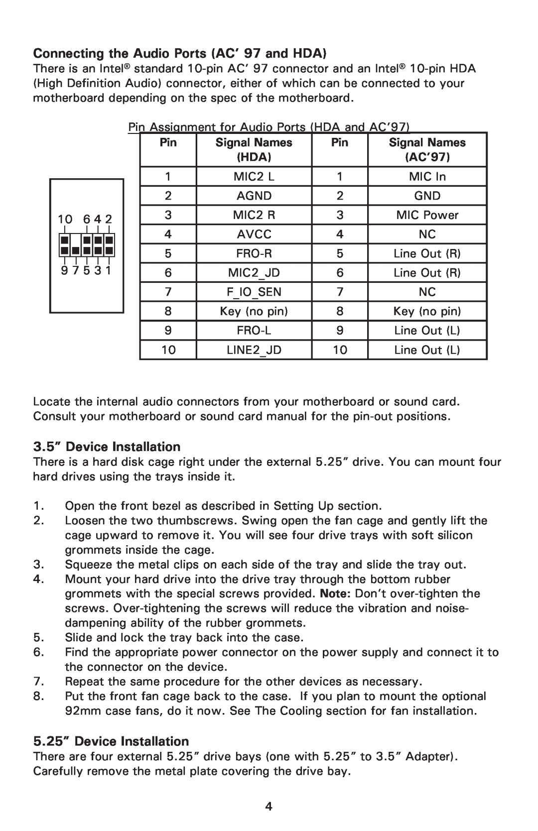 Antec 550 user manual Connecting the Audio Ports AC’ 97 and HDA, 3.5” Device Installation, 5.25” Device Installation, AC’97 