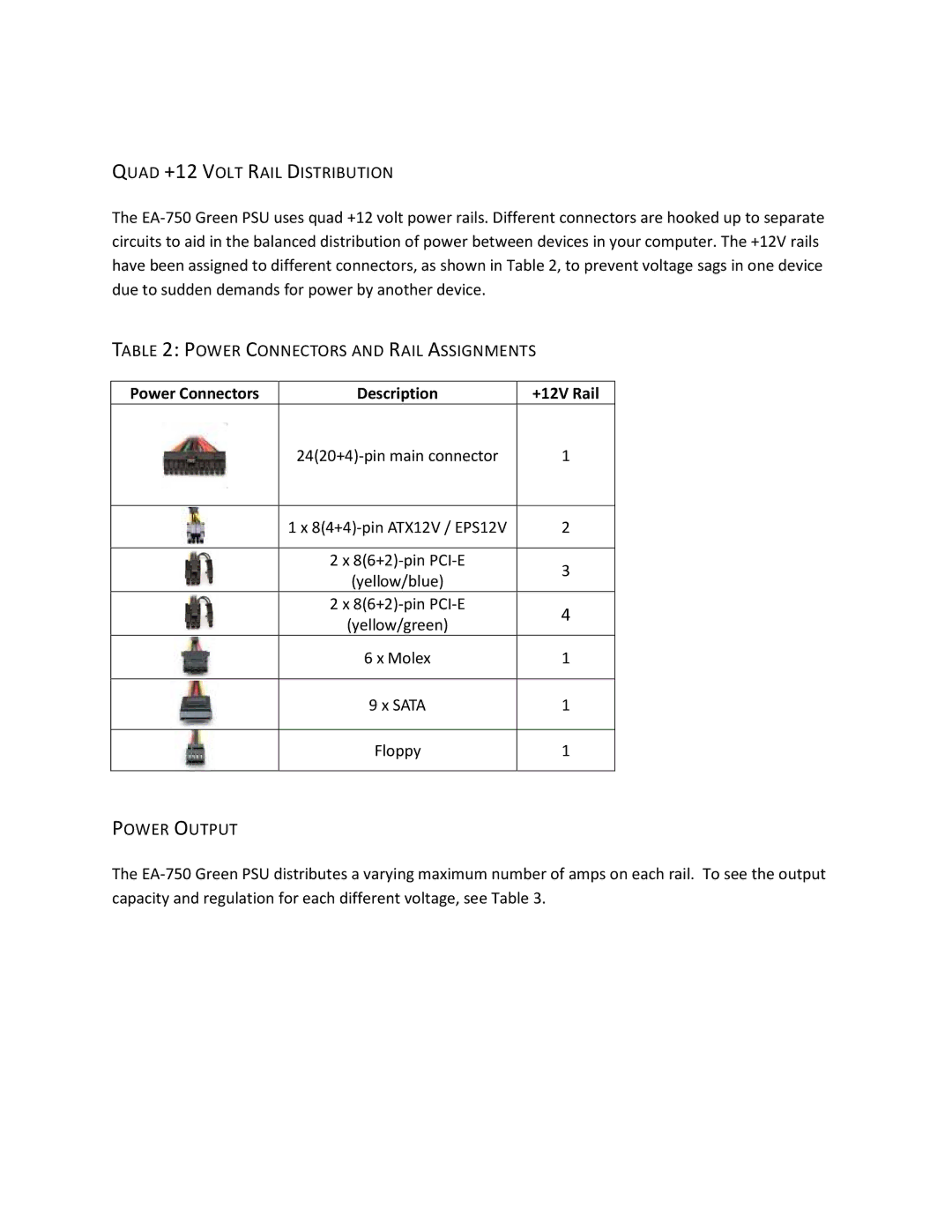 Antec 750 user manual Quad +12 Volt Rail Distribution, Power Connectors and Rail Assignments, Power Output 