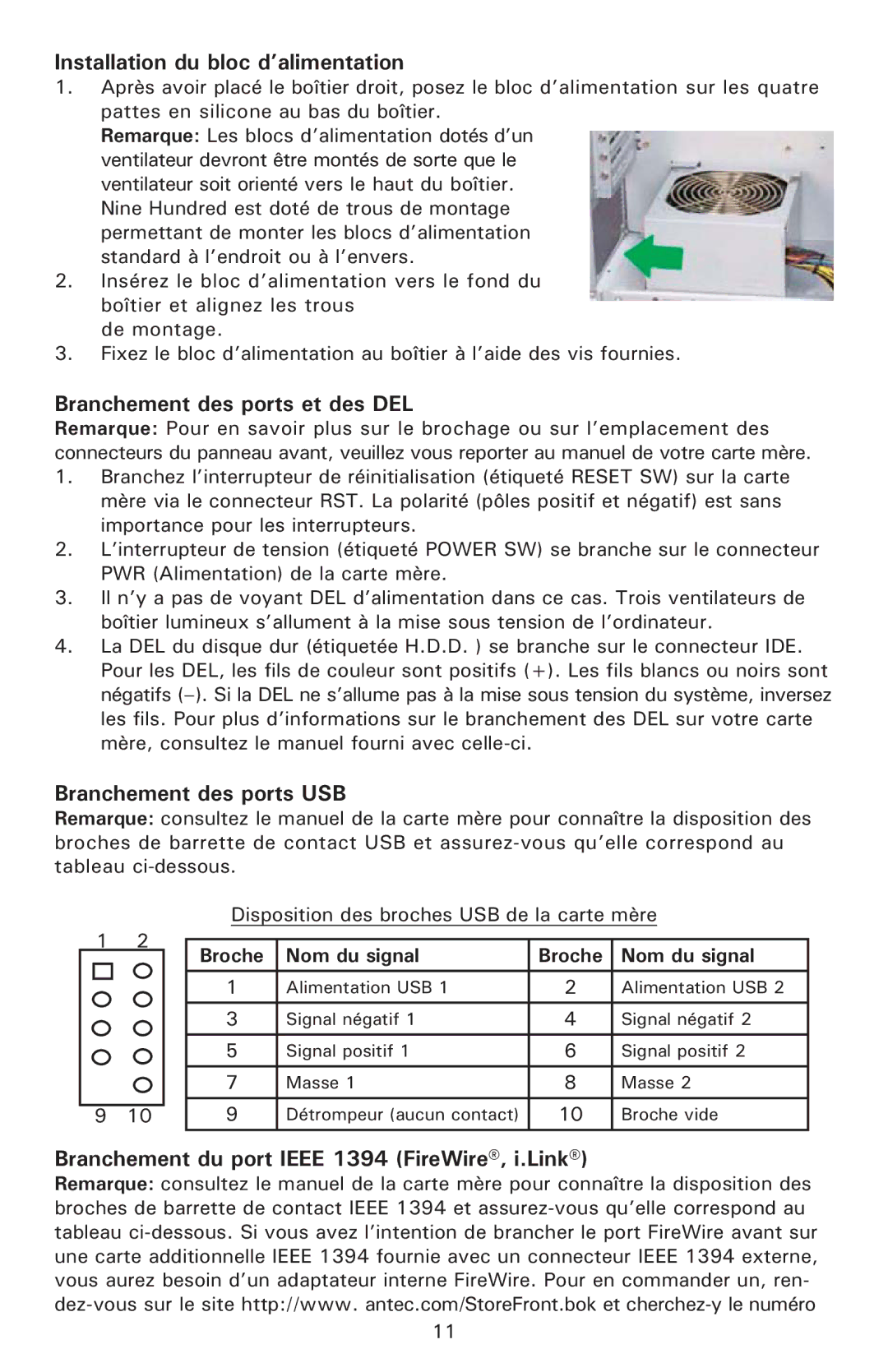 Antec 900 user manual Installation du bloc d’alimentation, Branchement des ports et des DEL, Branchement des ports USB 