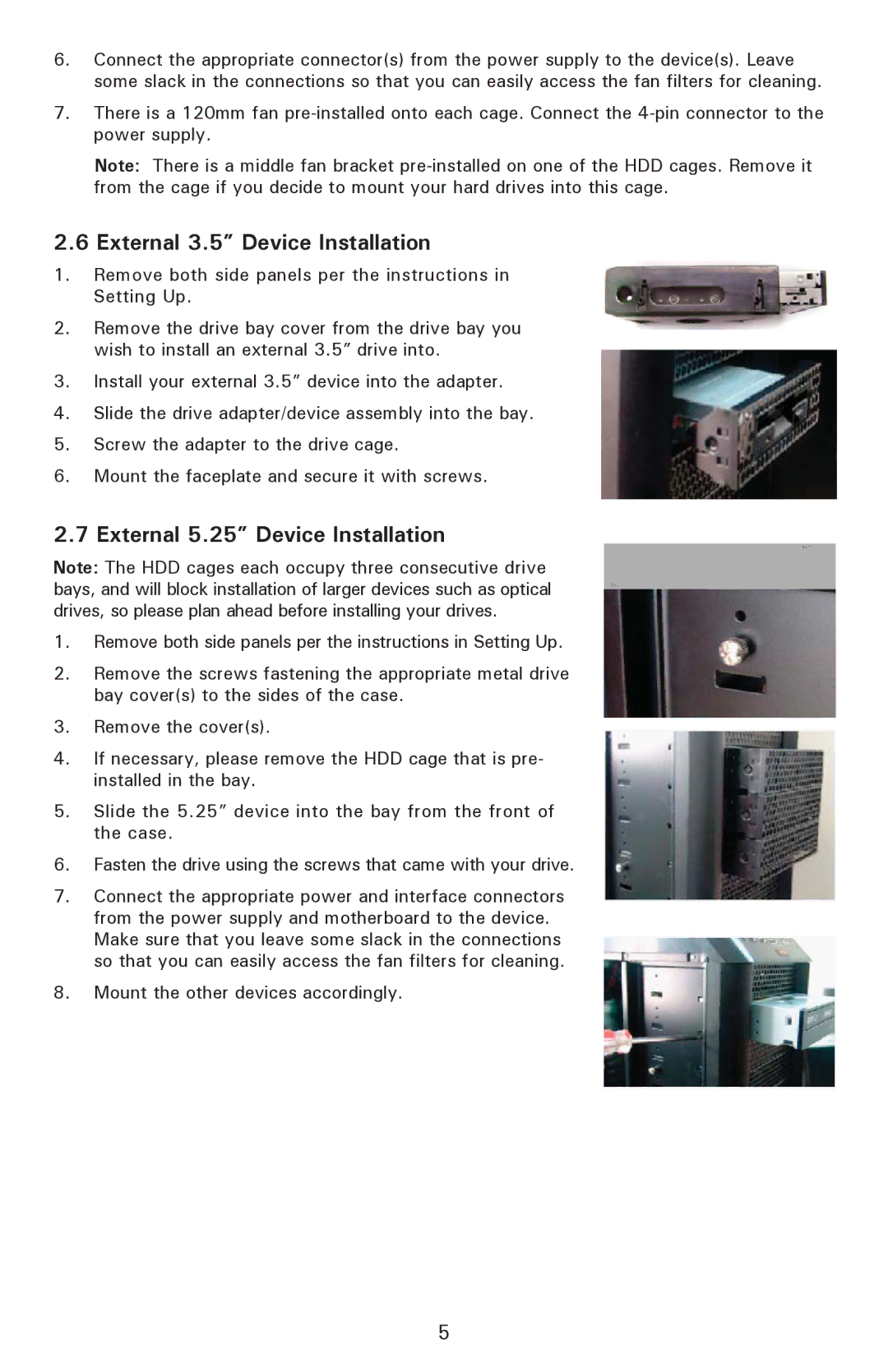 Antec 902 user manual External 3.5 Device Installation, External 5.25 Device Installation 