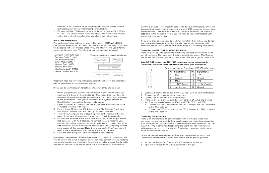 Antec AR300 user manual In-1 Card Reader/Writer, Connecting the Ieee 1394 FireWire, i.Link Port, Connecting the Audio Ports 