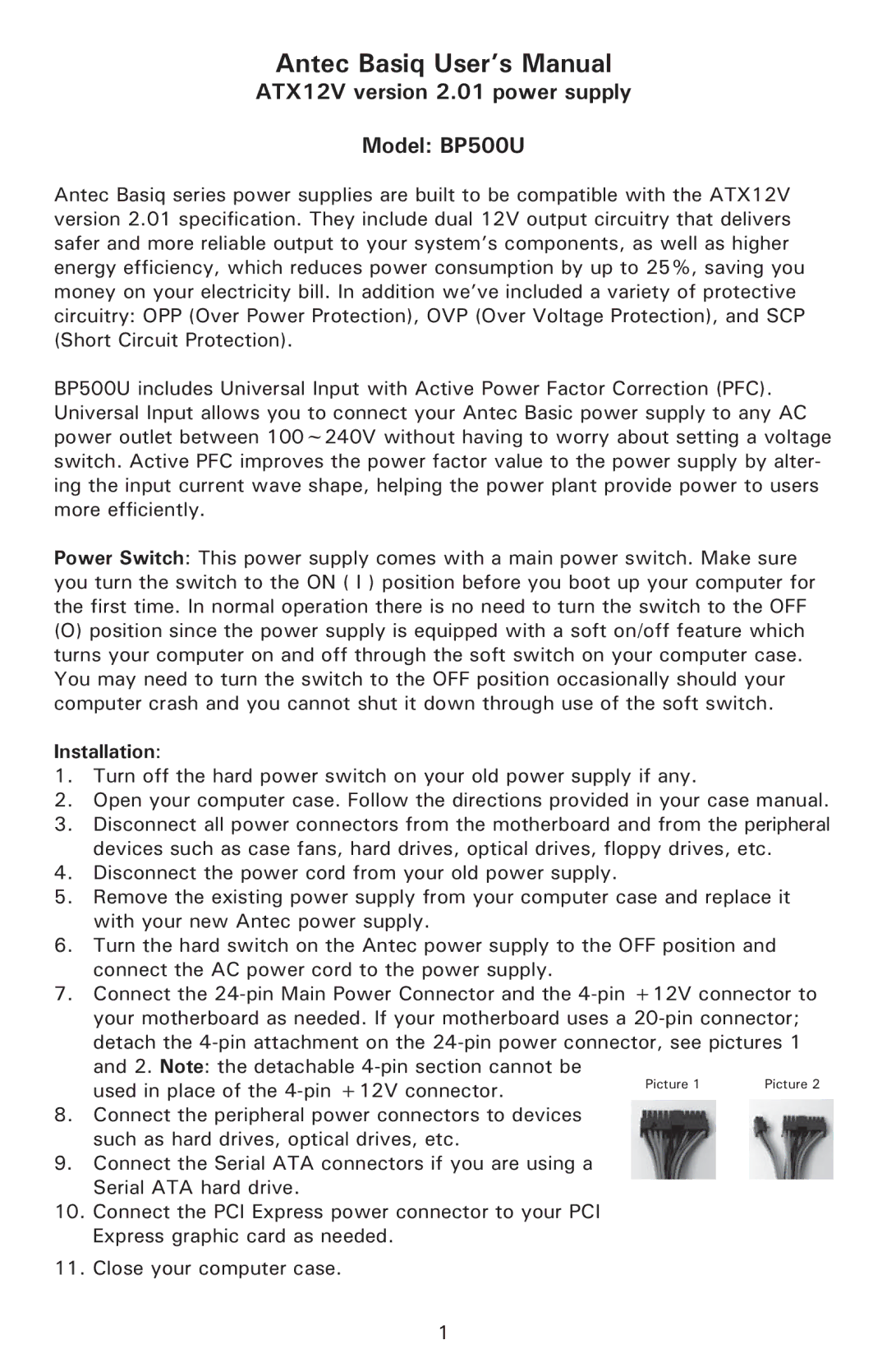 Antec BP-500U user manual Antec Basiq User’s Manual, ATX12V version 2.01 power supply Model BP500U, Installation 