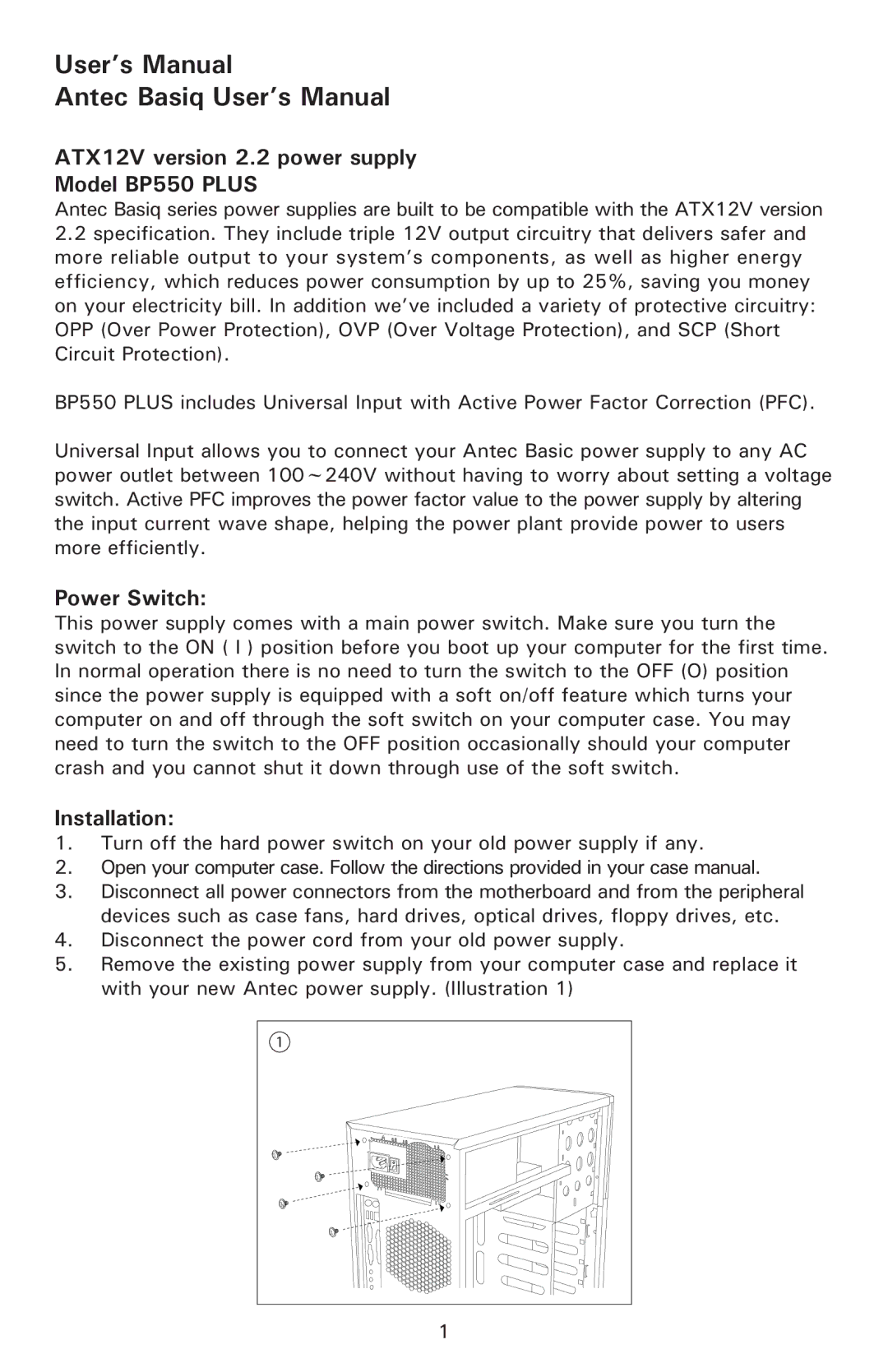 Antec BP550 PLUS user manual ATX12V version 2.2 power supply Model BP550 Plus, Power Switch, Installation 