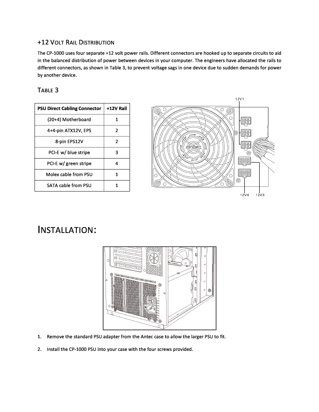 Antec CP-1000 user manual +12 VOLT RAIL DISTRIBUTION, Installation 