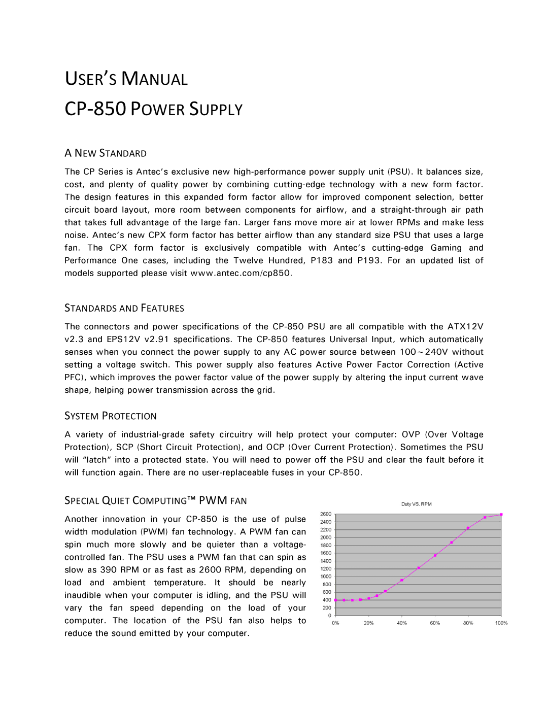 Antec CP-850 user manual NEW Standard Standards and Features, System Protection, Special Quiet Computing PWM FAN 