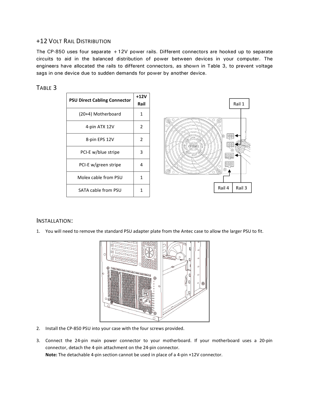 Antec CP-850 user manual +12 Volt Rail Distribution, Installation 