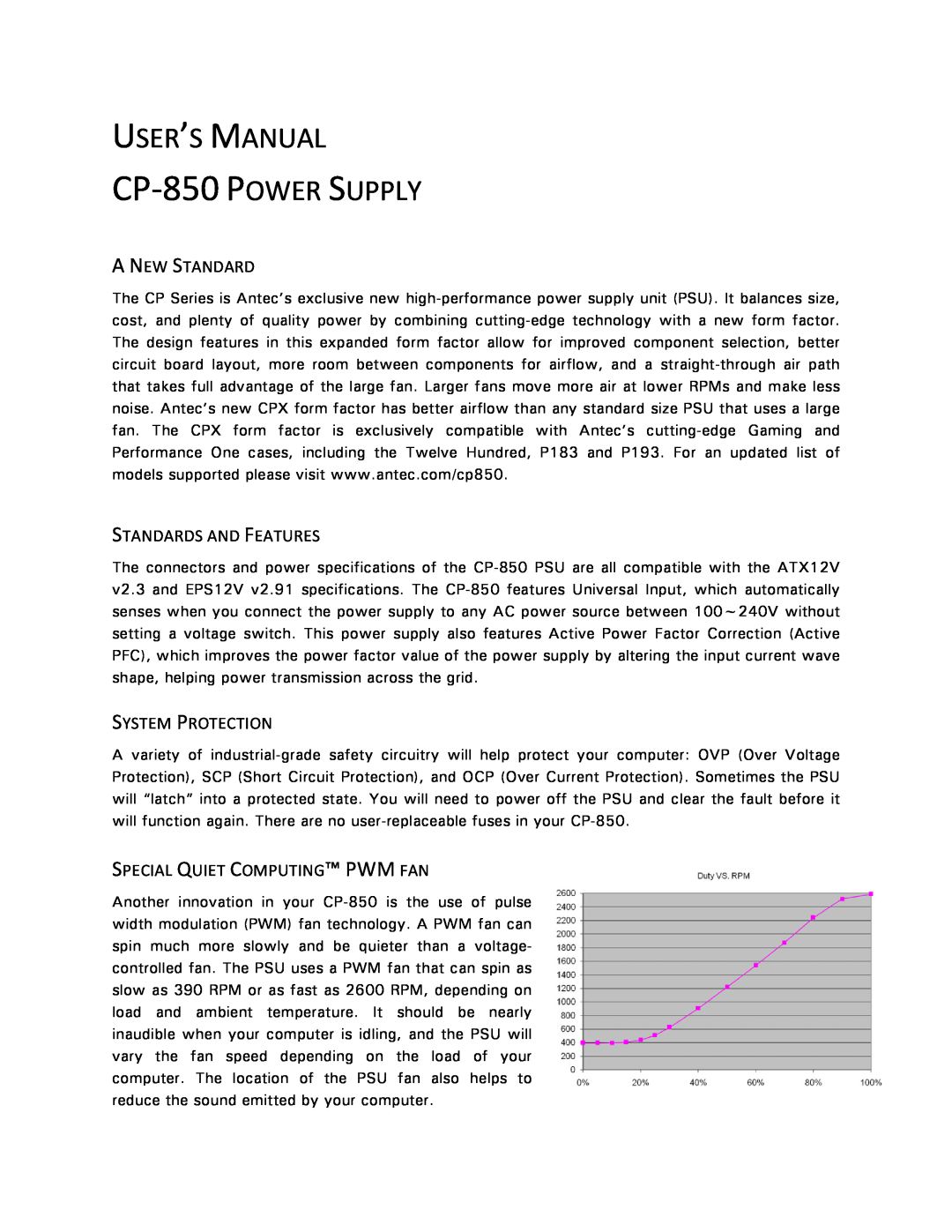 Antec user manual USER’S MANUAL CP-850 POWER SUPPLY, A New Standard, Standards And Features, System Protection 
