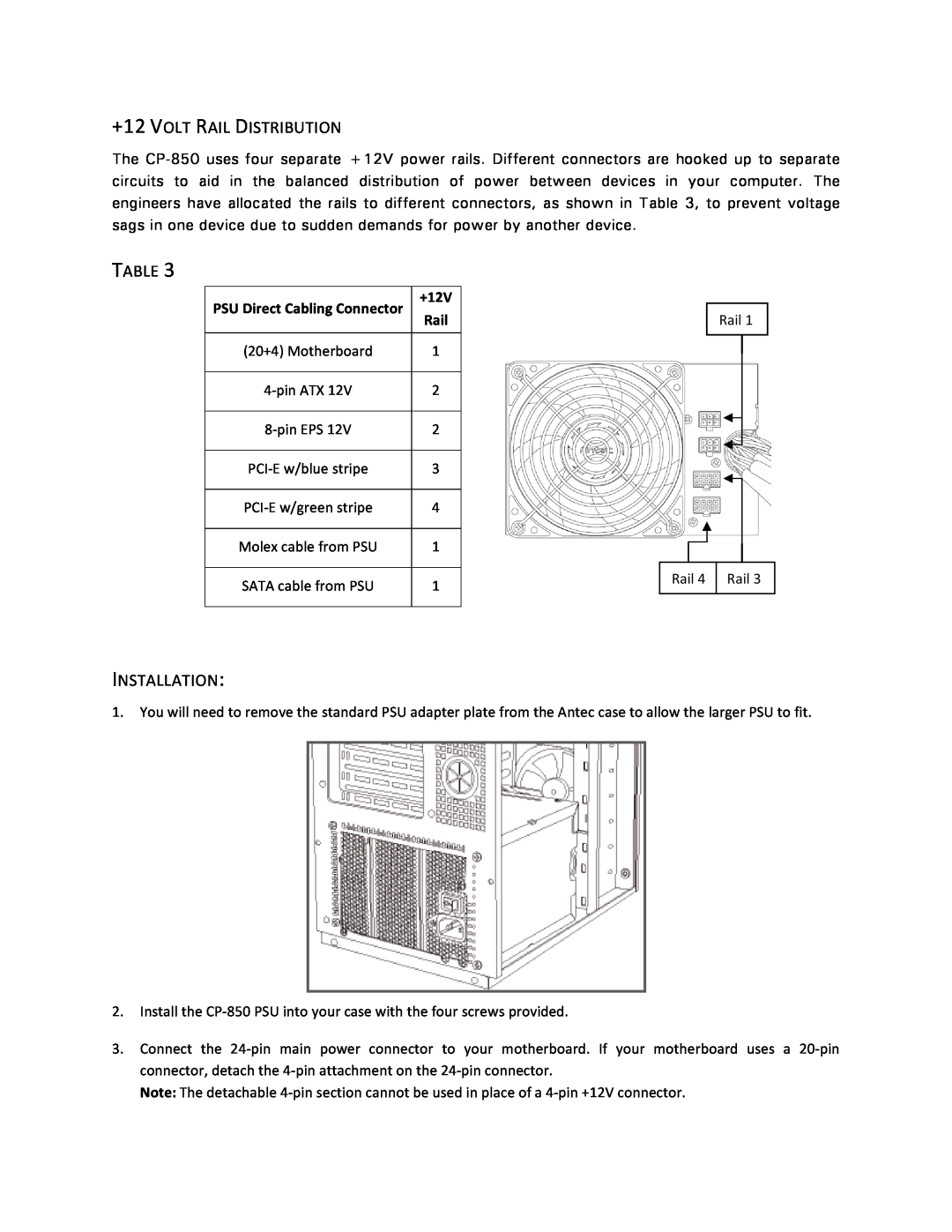 Antec CP-850 user manual +12 VOLT RAIL DISTRIBUTION, Installation 
