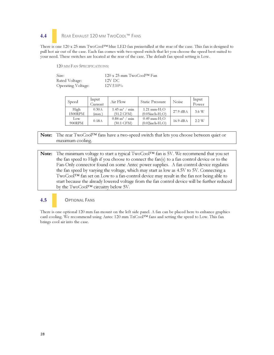 Antec DF-30 user manual Rear Exhaust 120 MM Twocool Fans, Optional Fans 