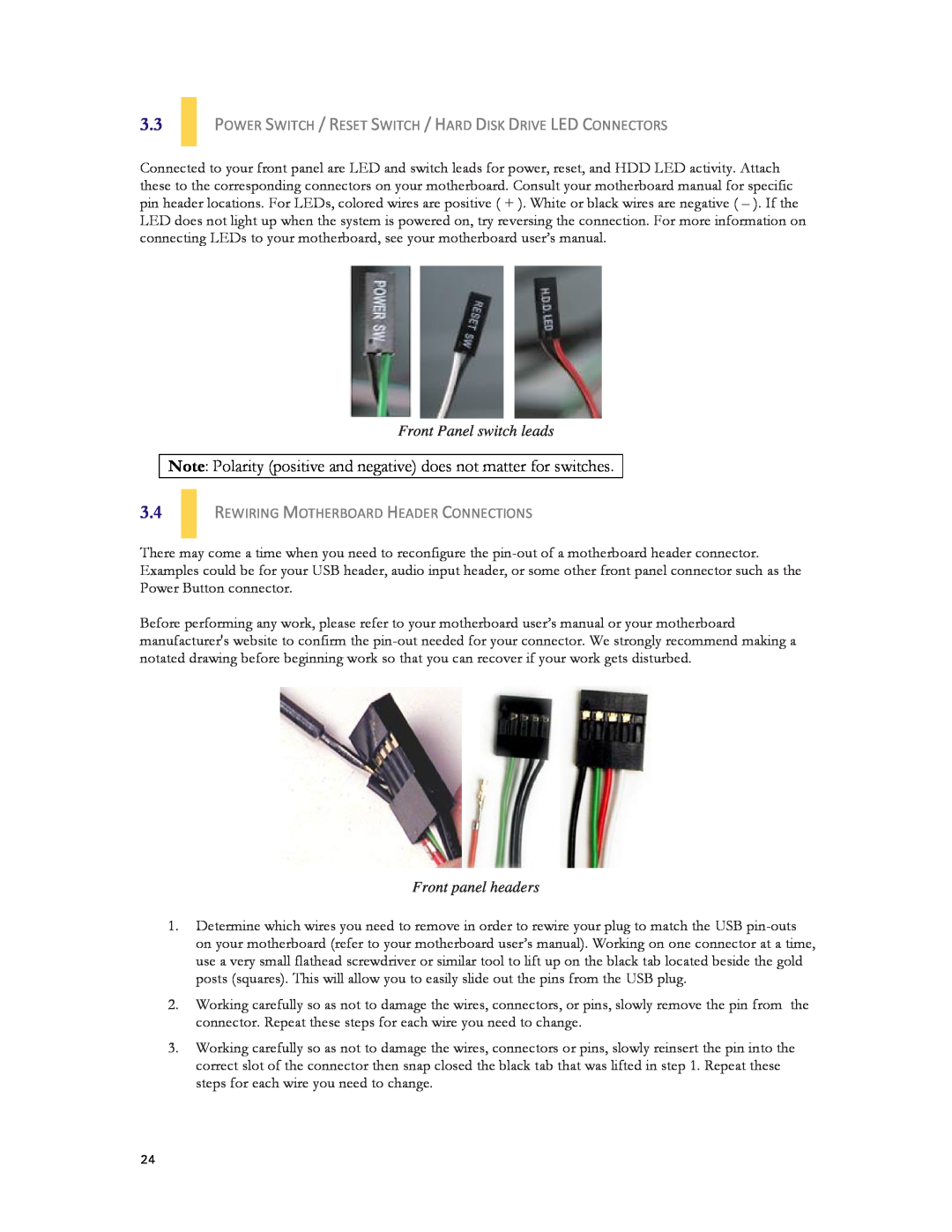 Antec DF-30 user manual Note Polarity positive and negative does not matter for switches, Front Panel switch leads 