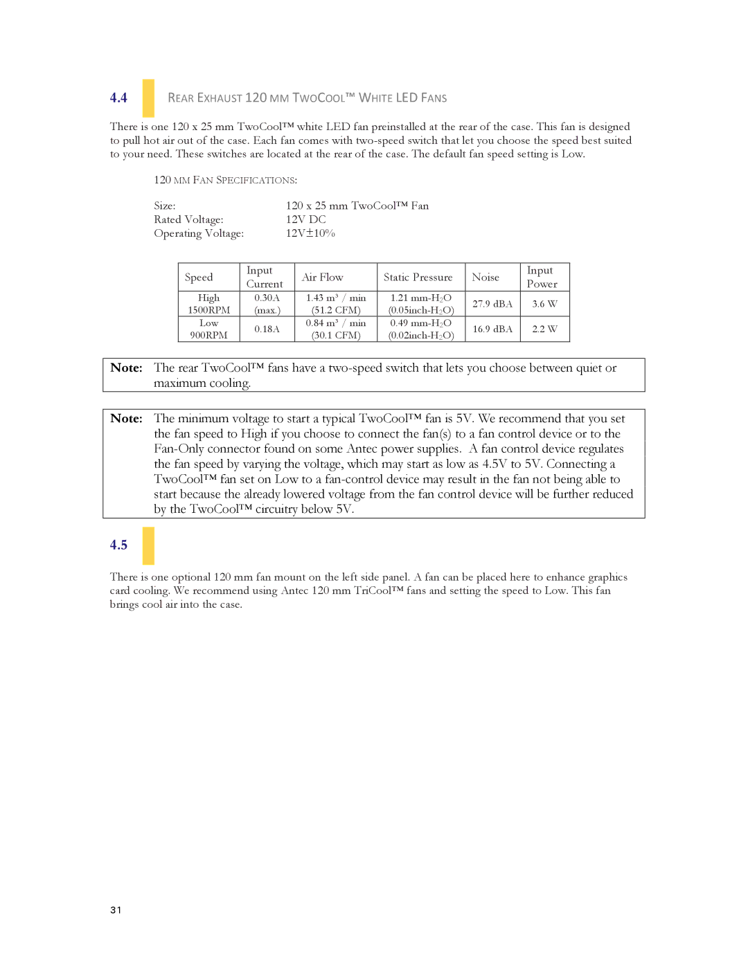 Antec DF-35 user manual Rear Exhaust 120 MM Twocool White LED Fans, Optional Fans 