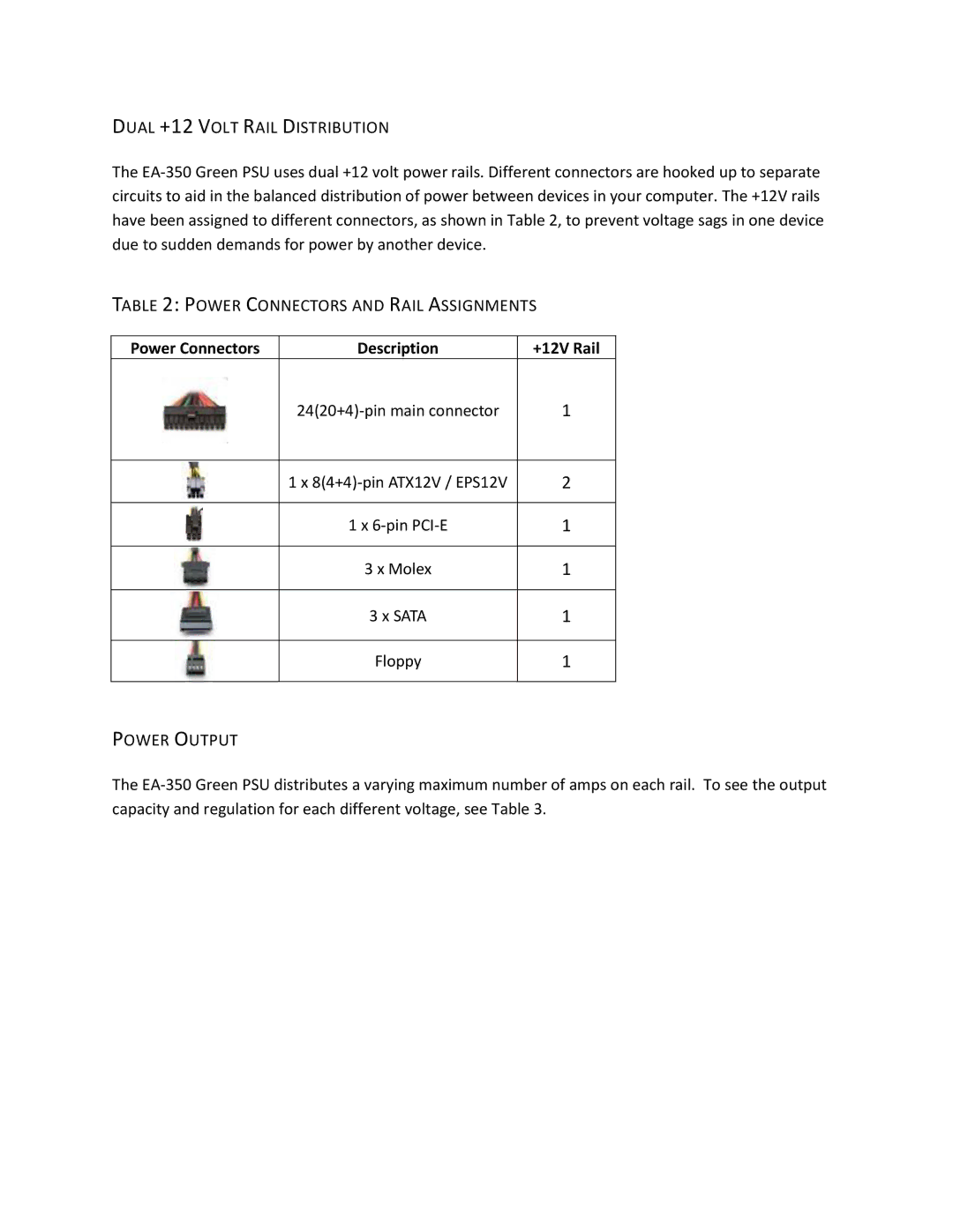 Antec EA-350 user manual Dual +12 Volt Rail Distribution, Power Connectors and Rail Assignments, Power Output 