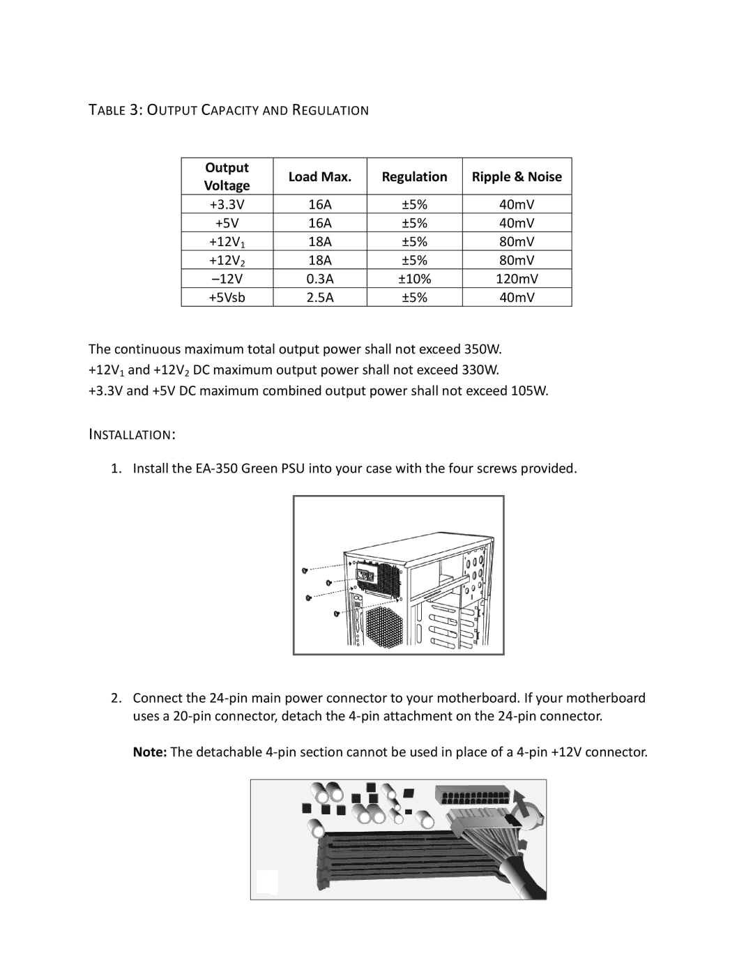 Antec EA-350 user manual Output Capacity and Regulation, Installation 