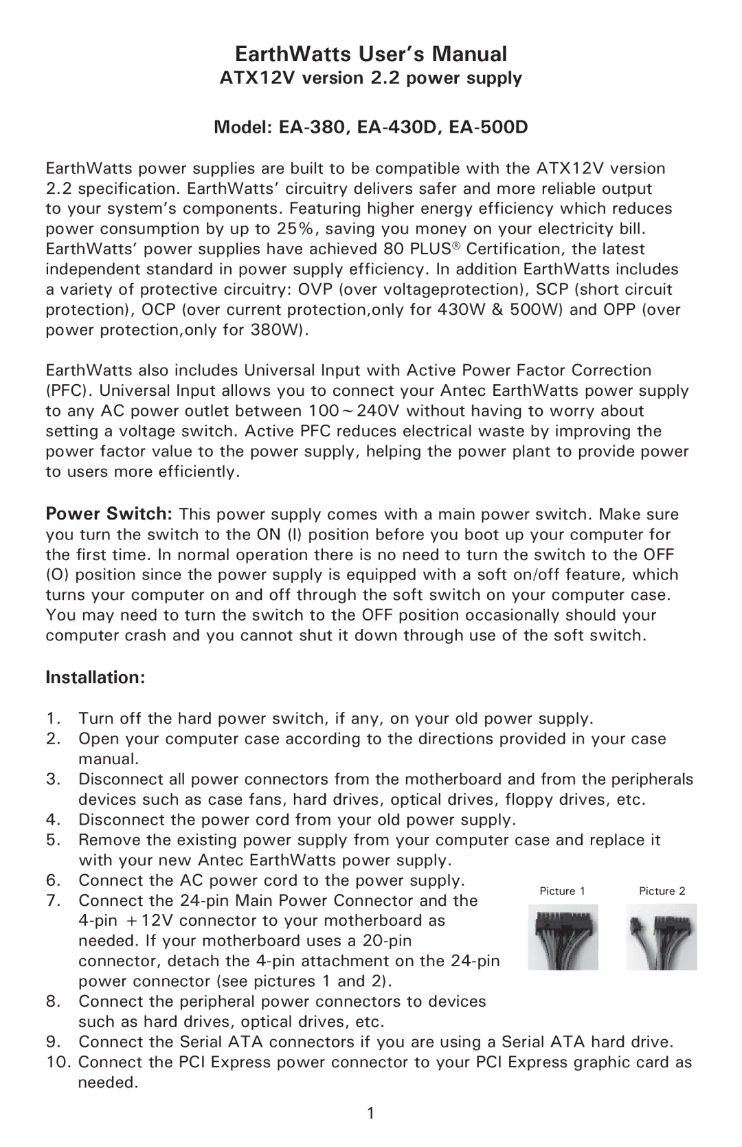 Antec EA-500D, EA-380, EA-430D user manual EarthWatts User’s Manual, Installation 