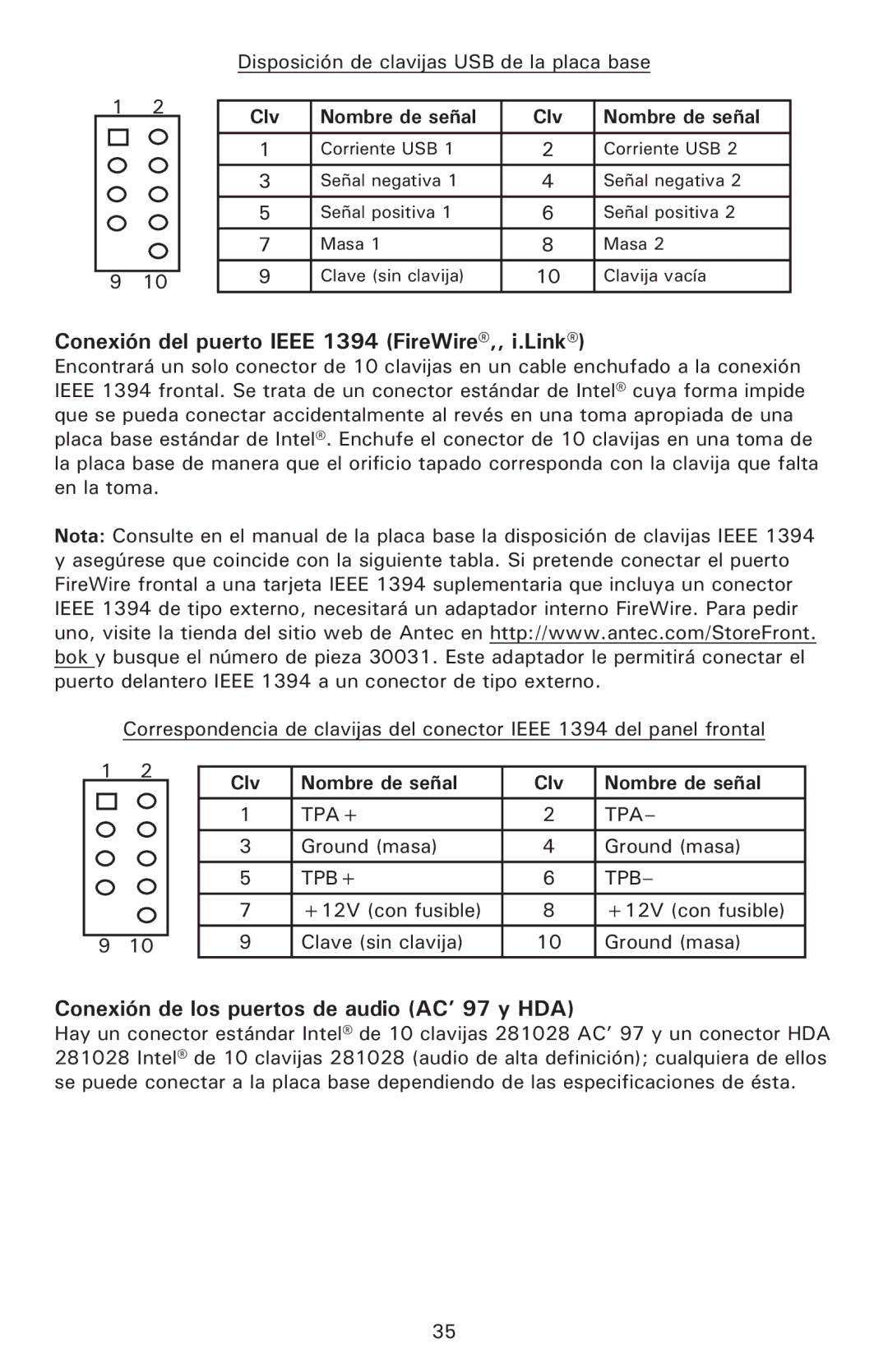 Antec Fusion 430 user manual Conexión del puerto Ieee 1394 FireWire,, i.Link, Conexión de los puertos de audio AC’ 97 y HDA 