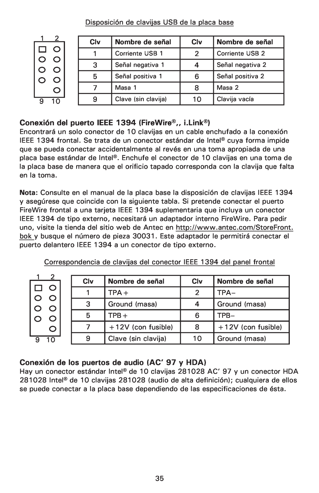 Antec Fusion 430 user manual Conexión del puerto IEEE 1394 FireWire,, i.Link, Conexión de los puertos de audio AC’ 97 y HDA 