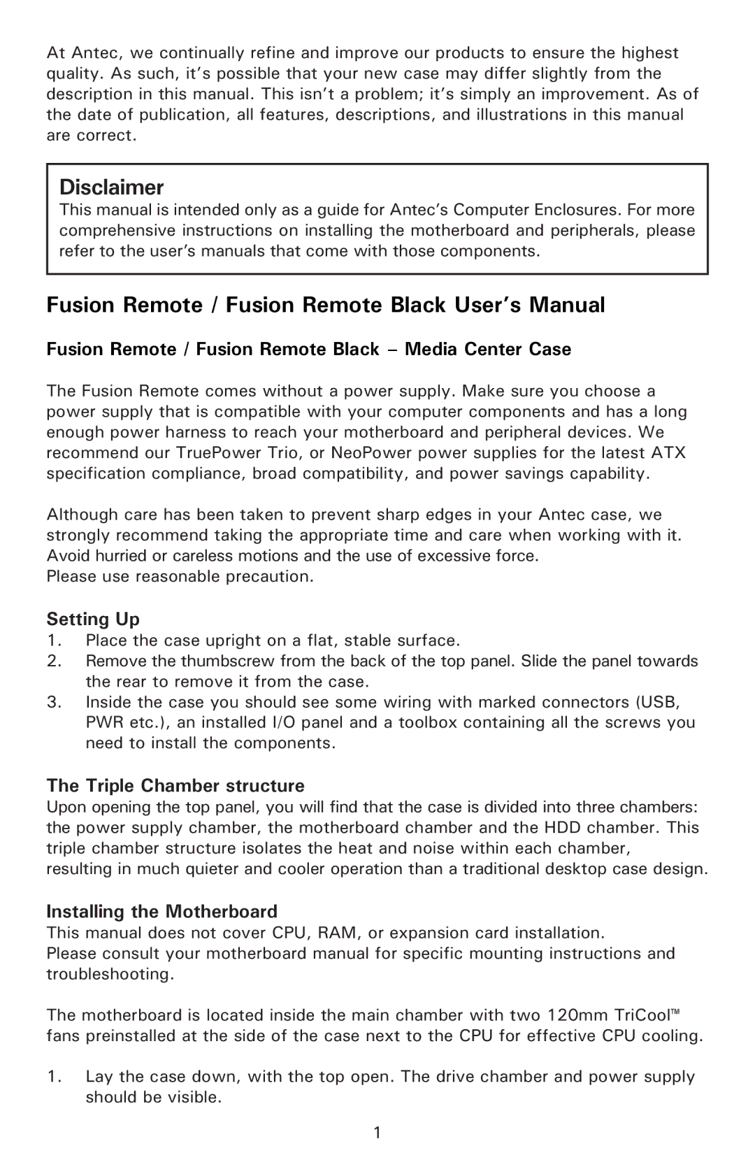 Antec Fusion Remote Black user manual Setting Up, Triple Chamber structure, Installing the Motherboard 