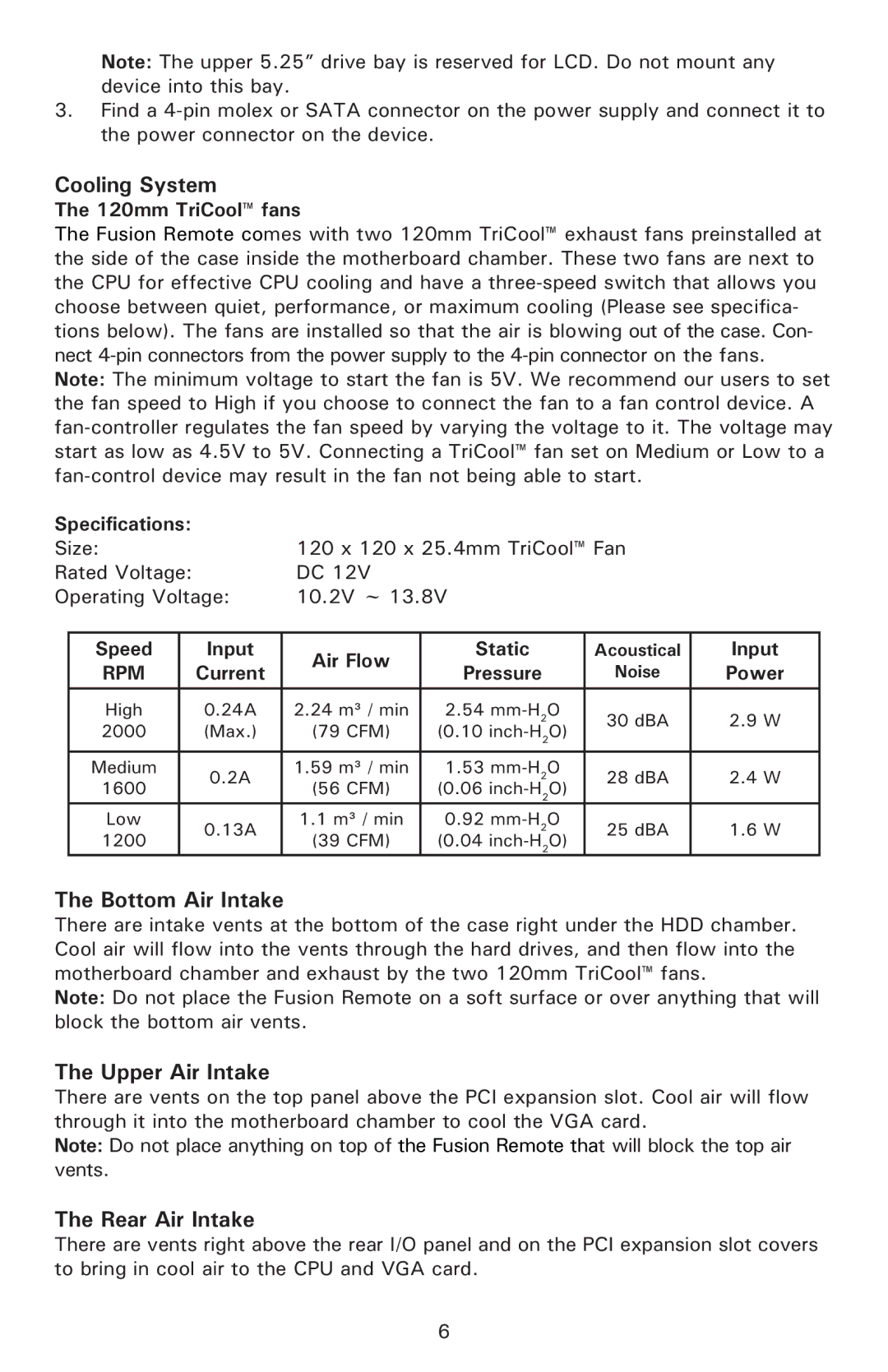 Antec Fusion Remote Black user manual Cooling System, Bottom Air Intake, Upper Air Intake, Rear Air Intake 