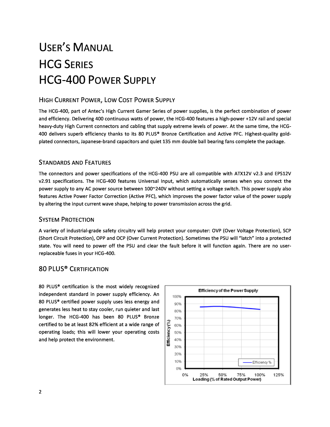 Antec HCG SERIES HCG-400 POWER SUPPLY, High Current Power, Low Cost Power Supply, Standards And Features, User’S Manual 