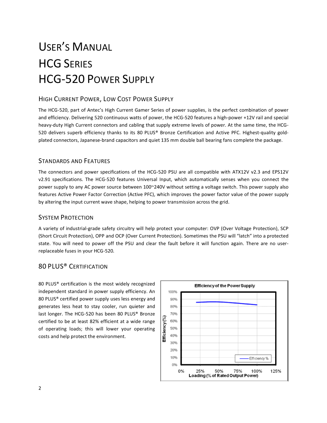 Antec HCG-520 High Current POWER, LOW Cost Power Supply, Standards and Features, System Protection, Plus Certification 