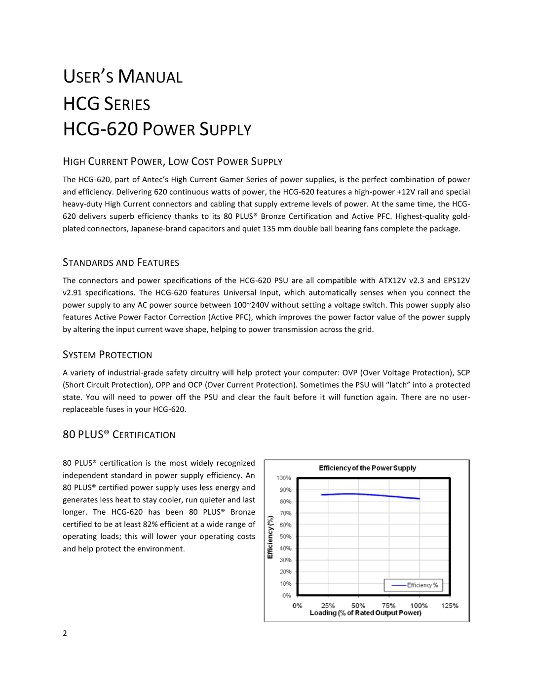 Antec HCG-620 High Current POWER, LOW Cost Power Supply, Standards and Features, System Protection, Plus Certification 