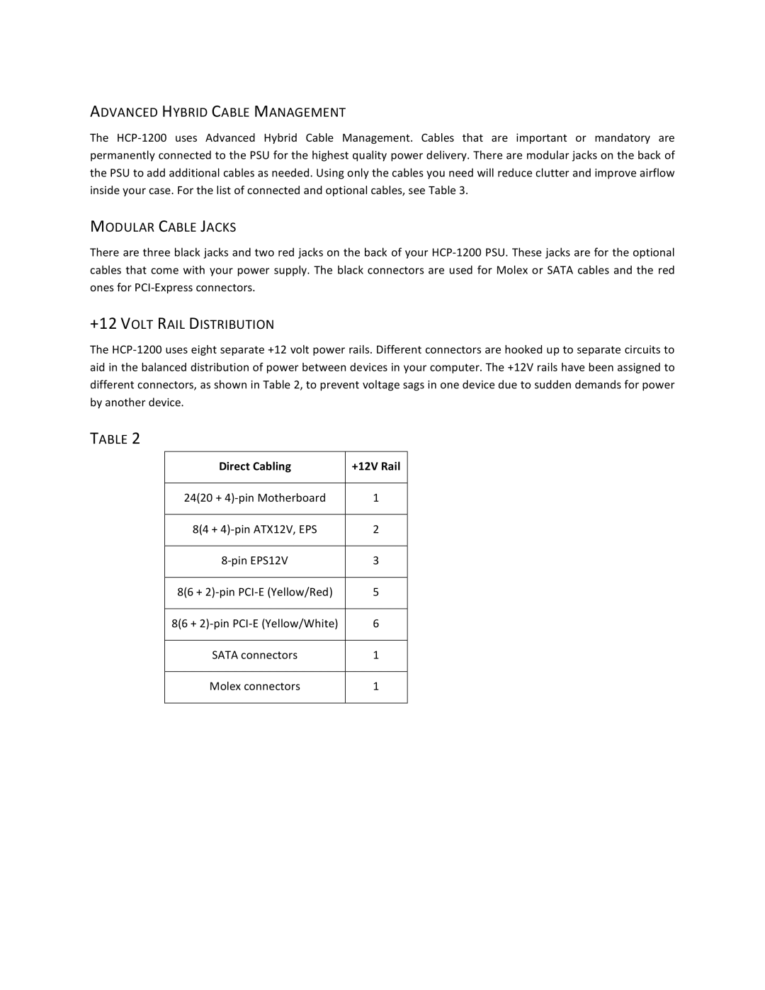 Antec HCP-1200 user manual Advanced Hybrid Cable Management, Modular Cable Jacks, +12 Volt Rail Distribution 