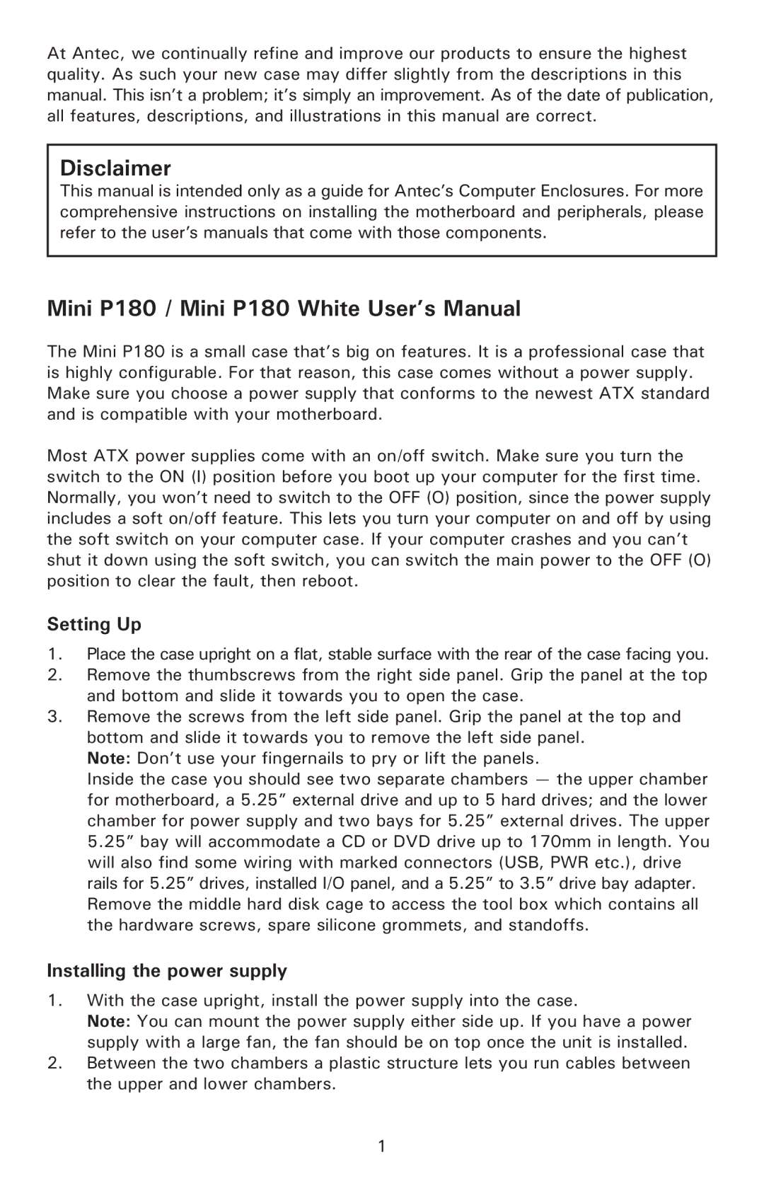 Antec Mini P180 White user manual Setting Up, Installing the power supply 