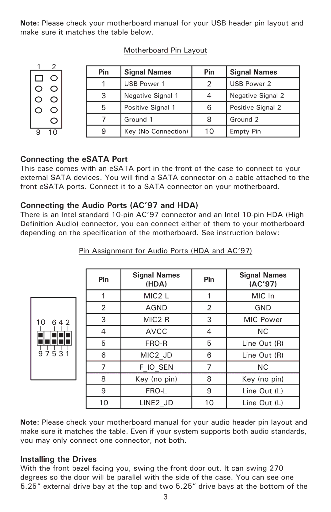 Antec Mini P180 White Connecting the eSATA Port, Connecting the Audio Ports AC’97 and HDA, Installing the Drives 