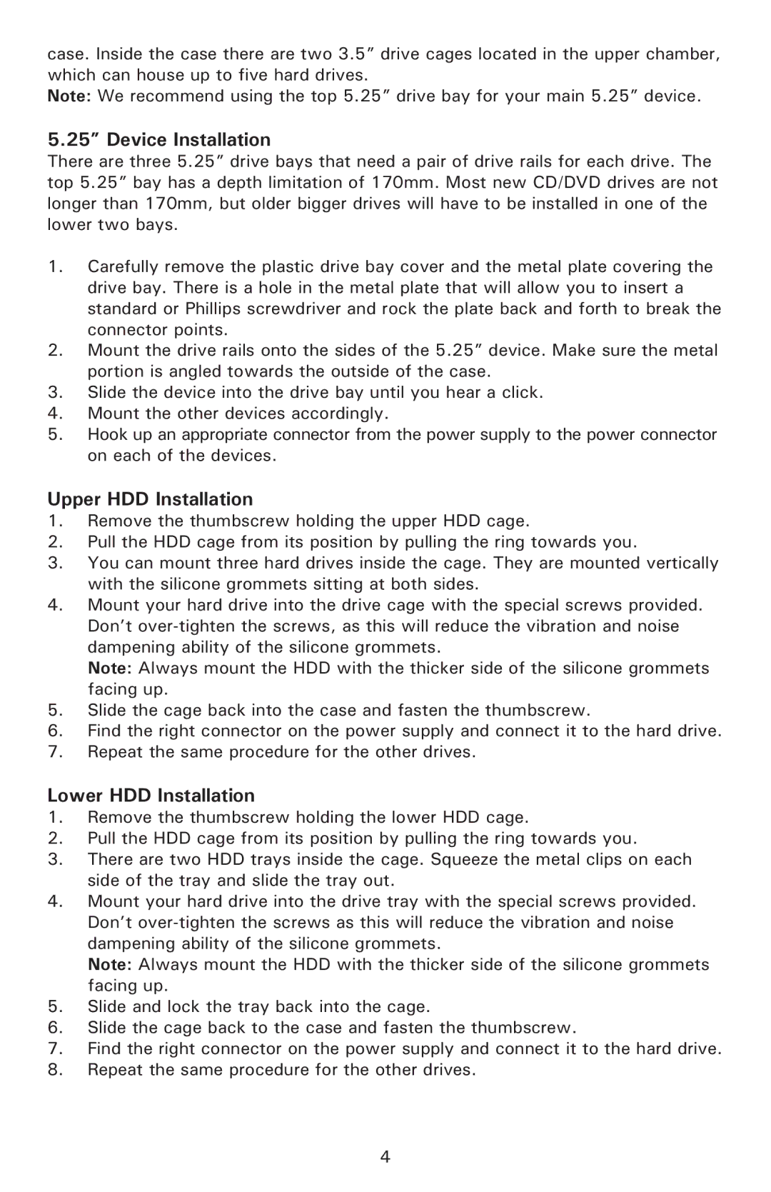 Antec Mini P180 White user manual Device Installation, Upper HDD Installation, Lower HDD Installation 