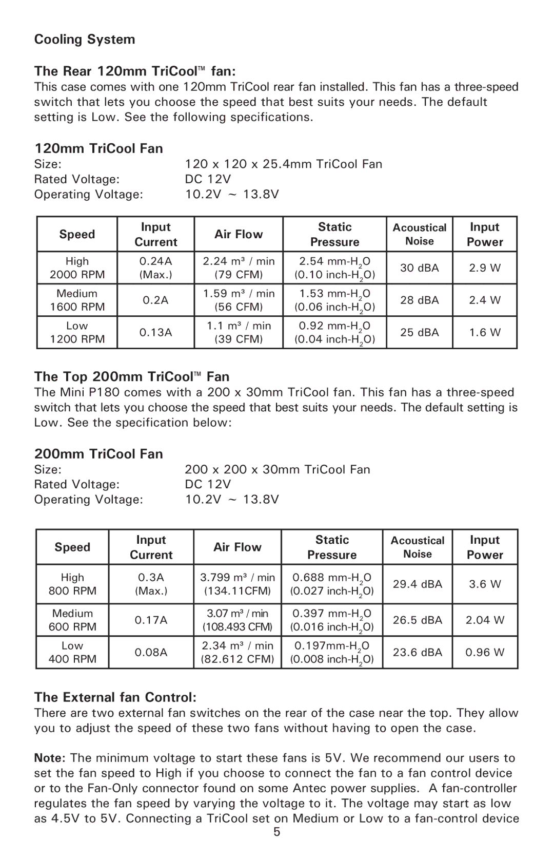 Antec Mini P180 White user manual Cooling System Rear 120mm TriCool fan, 120mm TriCool Fan, Top 200mm TriCool Fan 