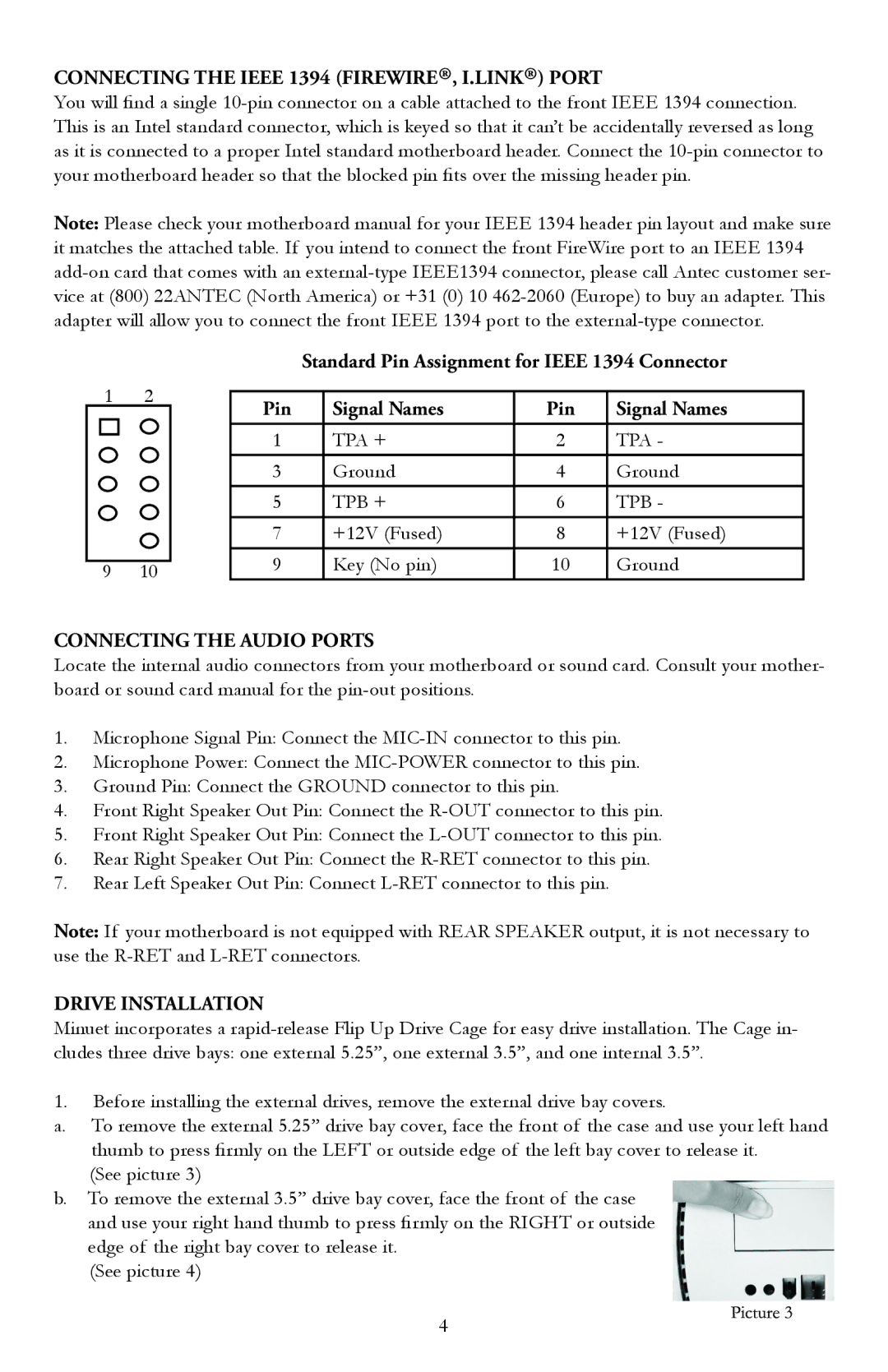 Antec MINUET 300 Connecting the Ieee 1394 FIREWIRE, I.LINK Port, Standard Pin Assignment for Ieee 1394 Connector 