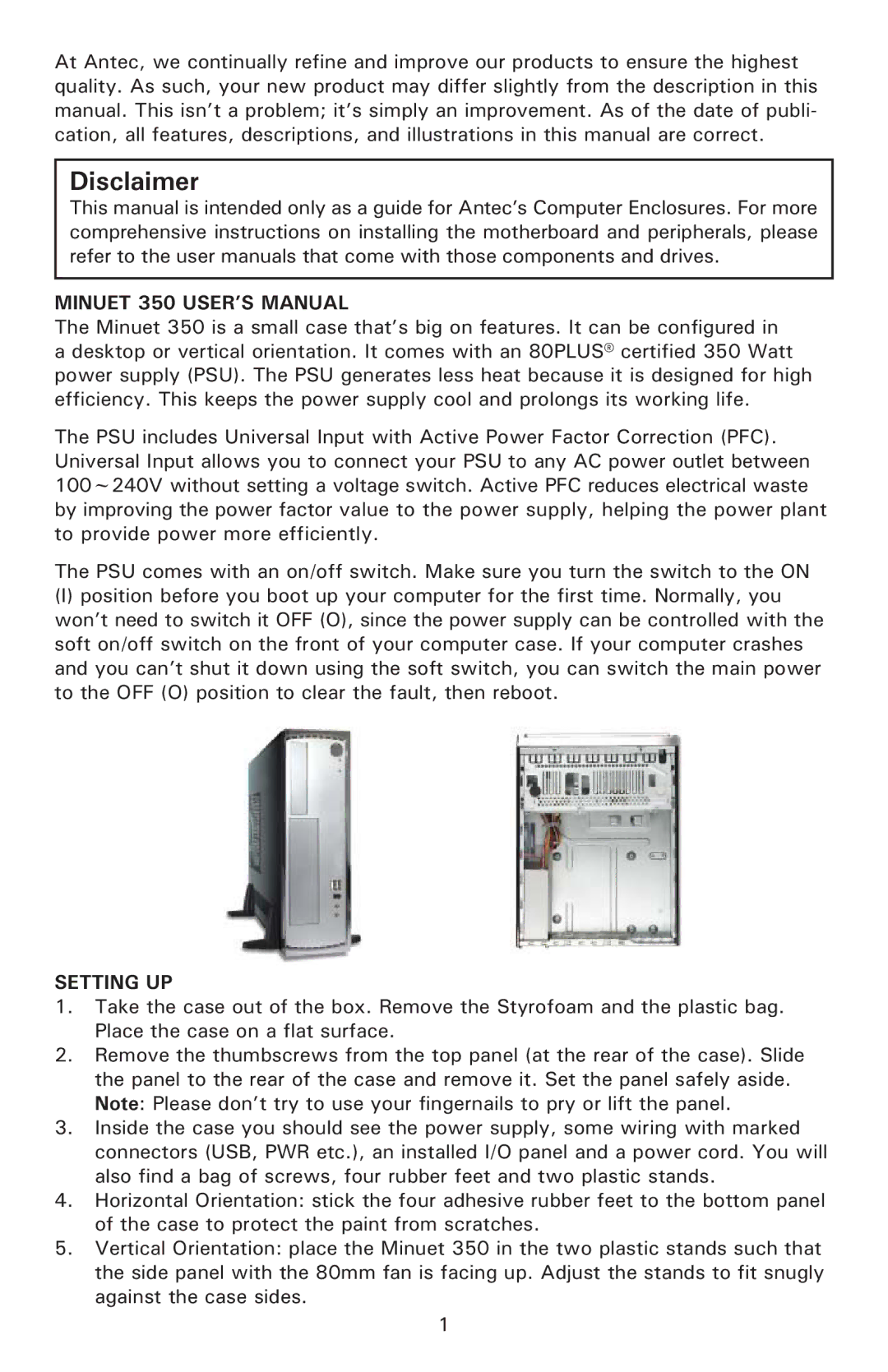 Antec user manual Minuet 350 USER’S Manual, Setting UP 